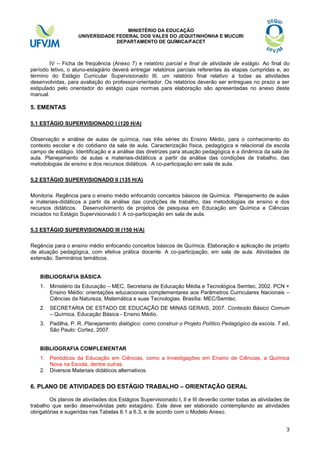 MINISTÉRIO DA EDUCAÇÃO
UNIVERSIDADE FEDERAL DOS VALES DO JEQUITINHONHA E MUCURI
DEPARTAMENTO DE QUÍMICA/FACET

IV – Ficha de freqüência (Anexo 7) e relatório parcial e final de atividade de estágio. Ao final do
período letivo, o aluno-estagiário deverá entregar relatórios parciais referentes às etapas cumpridas e, ao
término do Estágio Curricular Supervisionado III, um relatório final relativo a todas as atividades
desenvolvidas, para avaliação do professor-orientador. Os relatórios deverão ser entregues no prazo a ser
estipulado pelo orientador do estágio cujas normas para elaboração são apresentadas no anexo deste
manual.

5. EMENTAS
5.1 ESTÁGIO SUPERVISIONADO I (120 H/A)
Observação e análise de aulas de química, nas três séries do Ensino Médio, para o conhecimento do
contexto escolar e do cotidiano da sala de aula. Caracterização física, pedagógica e relacional da escola
campo de estágio. Identificação e a análise das diretrizes para atuação pedagógica e a dinâmica da sala de
aula. Planejamento de aulas e materiais-didáticos a partir da análise das condições de trabalho, das
metodologias de ensino e dos recursos didáticos. A co-participação em sala de aula.
5.2 ESTÁGIO SUPERVISIONADO II (135 H/A)
Monitoria. Regência para o ensino médio enfocando conceitos básicos de Química. Planejamento de aulas
e materiais-didáticos a partir da análise das condições de trabalho, das metodologias de ensino e dos
recursos didáticos. Desenvolvimento de projetos de pesquisa em Educação em Química e Ciências
iniciados no Estágio Supervisionado I. A co-participação em sala de aula.
5.3 ESTÁGIO SUPERVISIONADO III (150 H/A)
Regência para o ensino médio enfocando conceitos básicos de Química. Elaboração e aplicação de projeto
de atuação pedagógica, com efetiva prática docente. A co-participação, em sala de aula. Atividades de
extensão. Seminários temáticos.

BIBLIOGRAFIA BÁSICA
1. Ministério da Educação – MEC, Secretaria de Educação Média e Tecnológica Semtec, 2002. PCN +
Ensino Médio: orientações educacionais complementares aos Parâmetros Curriculares Nacionais –
Ciências da Natureza, Matemática e suas Tecnologias. Brasília: MEC/Semtec.
2. SECRETARIA DE ESTADO DE EDUCAÇÃO DE MINAS GERAIS, 2007. Conteúdo Básico Comum
– Química. Educação Básica - Ensino Médio.
3. Padilha, P. R. Planejamento dialógico: como construir o Projeto Político Pedagógico da escola. 7 ed,
São Paulo: Cortez, 2007.

BIBLIOGRAFIA COMPLEMENTAR
1. Periódicos da Educação em Ciências, como a Investigações em Ensino de Ciências, a Química
Nova na Escola, dentre outras.
2. Diversos Materiais didáticos alternativos.

6. PLANO DE ATIVIDADES DO ESTÁGIO TRABALHO – ORIENTAÇÃO GERAL
Os planos de atividades dos Estágios Supervisionado I, II e III deverão conter todas as atividades de
trabalho que serão desenvolvidas pelo estagiário. Este deve ser elaborado contemplando as atividades
obrigatórias e sugeridas nas Tabelas 6.1 a 6.3, e de acordo com o Modelo Anexo.
3

 