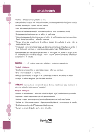  Verificar a data e o horário registrados na urna.
     Afixar, no interior da seção, bem como do lado de fora, cartazes de proibição de propaganda na seção.
     Nomear eleitores para substituir mesários faltosos.
     Zelar pela preservação da lista de candidatos.
     Comunicar imediatamente ao juiz eleitoral as ocorrências sobre as quais deva decidir.
     Emitir as vias do boletim de urna e do boletim de justificativa.
     Assinar todas as vias do boletim de urna e do boletim de justificativa com o primeiro secretário e
      fiscais dos partidos políticos e coligações presentes.
     Romper o lacre do compartimento da mídia de gravação de resultados da urna e retirá-la,
      colocando novo lacre.
     Anotar, após o encerramento da votação, o não comparecimento do eleitor, fazendo constar do
      local destinado à assinatura, no caderno de votação, a observação “Não Compareceu”.

    O presidente deve zelar pela preservação da urna e da embalagem, pois, ao fim da votação, a urna
    será novamente acondicionada e entregue à Justiça Eleitoral, conforme orientação. Também deve
    zelar pela cabina de votação.


    Mesários: o 1º e o 2º mesários, nessa ordem, substituem o presidente na sua ausência.
    Principais atribuições:
     Localizar o nome do eleitor no caderno de votação e colher sua assinatura.
     Ditar o número do título ao presidente.
     Entregar o comprovante de votação ou de justificativa e devolver os documentos ao eleitor.
     Cumprir as demais obrigações que lhes forem atribuídas.


    Secretário:     responsável pelo preenchimento da ata da mesa receptora de votos, relacionando as
    ocorrências registradas no dia no campo “Anotações”.

    Principais atribuições:
     Orientar os eleitores na fila e verificar se pertencem àquela seção, conferindo seus documentos.
     Controlar a entrada e a movimentação das pessoas na seção.
     Verificar o correto preenchimento do formulário Requerimento de Justificativa Eleitoral.
     Verificar se o eleitor, ao sair, recebeu o documento de identificação e o comprovante de votação.
     Distribuir aos eleitores, às 17 horas, as senhas de entrada.
     Cumprir as demais obrigações que lhe forem atribuídas.




8
 