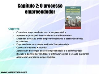 Capítulo 2: O processo
empreendedor
Objetivo
– Conceituar empreendedorismo e empreendedor
– Apresentar principais frentes de estudo sobre o tema
– Entender a relação entre empreendedorismo e desenvolvimento
econômico
– Empreendedorismo de necessidade X oportunidade
– Contexto brasileiro X mundial
– Apresentar diferenças entre o empreendedor e o administrador
– Discutir o perfil empreendedor e estimular alunos a se auto-avaliarem
– Apresentar o processo empreendedor
www.josedornelas.com
 