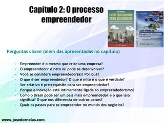 Perguntas chave (além das apresentadas no capítulo)
– Empreender é o mesmo que criar uma empresa?
– O empreendedor é nato ou pode se desenvolver?
– Você se considera empreendedor(a)? Por quê?
– O que é ser empreendedor? O que é mito e o que é verdade?
– Ser criativo é pré-requisito para ser empreendedor?
– Porque a inovação está intimamente ligada ao empreendedorismo?
– Como o Brasil pode ser um país mais empreendedor e o que isso
significa? O que nos diferencia de outros países?
– Quais os passos para se empreender no mundo dos negócios?
www.josedornelas.com
Capítulo 2: O processo
empreendedor
 