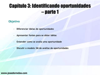 Capítulo 3: Identificando oportunidades
– parte 1
Objetivo
– Diferenciar ideias de oportunidades
– Apresentar fontes para se obter idéias
– Entender como se avalia uma oportunidade
– Discutir o modelo 3M de análise de oportunidades
www.josedornelas.com
 