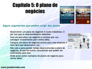 Capítulo 5: O plano de
negócios
Alguns argumentos que podem surgir dos alunos
– Desenvolver um plano de negócios é muito trabalhoso. É
por isso que os empreendedores desistem.
– Com um bom plano de negócios é certeza que vou
conseguir investimento para minha idéia.
– Comprar um plano de negócios pronto para uma empresa é
mais fácil que desenvolver um.
– Não vale a pena perder tempo desenvolvendo o plano de
negócios, já que há muitas consultorias que podem ser
contratadas para isso.
– Onde posso achar exemplos de planos de negócios para
minha idéia?
www.josedornelas.com
 