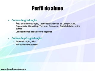 Perfil do aluno
• Cursos de graduação
– Área de Administração, Tecnologia/Ciências da Computação,
Engenharia, Marketing, Turismo, Economia, Contabilidade, entre
outras
– Conhecimento básico sobre negócios
• Cursos de pós-graduação
– Especialização, MBA
– Mestrado e Doutorado
www.josedornelas.com
 