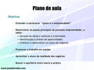 Plano de aula
Objetivos
– Entender e esclarecer “quem é o empreendedor”
– Desenvolver os passos principais do processo empreendedor, a
saber:
• Geração de ideias e estímulo à criatividade
• Identificação e análise de oportunidades
• Conhecer e desenvolver um plano de negócios
– Promover o trabalho em equipe
– Aproximar o aluno da realidade dos negócios
– Buscar o equilíbrio entre teoria e prática
www.josedornelas.com
 