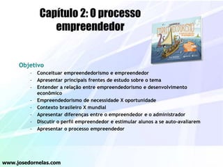 Capítulo 2: O processo
empreendedor
Objetivo
– Conceituar empreendedorismo e empreendedor
– Apresentar principais frentes de estudo sobre o tema
– Entender a relação entre empreendedorismo e desenvolvimento
econômico
– Empreendedorismo de necessidade X oportunidade
– Contexto brasileiro X mundial
– Apresentar diferenças entre o empreendedor e o administrador
– Discutir o perfil empreendedor e estimular alunos a se auto-avaliarem
– Apresentar o processo empreendedor
www.josedornelas.com
 