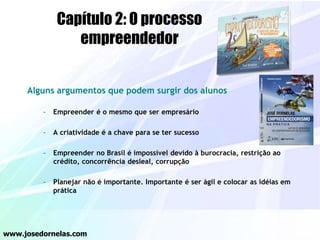 Alguns argumentos que podem surgir dos alunos
– Empreender é o mesmo que ser empresário
– A criatividade é a chave para se ter sucesso
– Empreender no Brasil é impossível devido à burocracia, restrição ao
crédito, concorrência desleal, corrupção
– Planejar não é importante. Importante é ser ágil e colocar as idéias em
prática
www.josedornelas.com
Capítulo 2: O processo
empreendedor
 