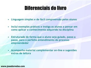 Diferenciais do livro
• Linguagem simples e de fácil compreensão pelos alunos
• Inclui exemplos práticos e instiga os alunos a pensar em
como aplicar o conhecimento adquirido na disciplina
• Estruturado de forma que o aluno seja guiado, passo a
passo, para o perfeito entendimento do processo
empreendedor
• Acompanha material complementar on-line e sugestões
extras de leitura
www.josedornelas.com
 