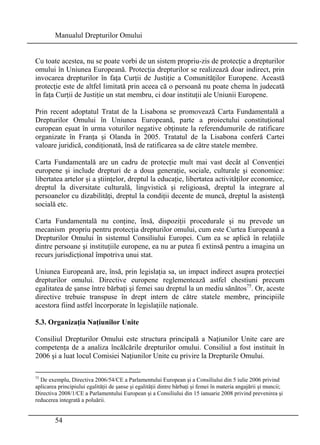 Manualul Drepturilor Omului 
Cu toate acestea, nu se poate vorbi de un sistem propriu-zis de protecţie a drepturilor 
omului în Uniunea Europeană. Protecţia drepturilor se realizează doar indirect, prin 
invocarea drepturilor în faţa Curţii de Justiţie a Comunităţilor Europene. Această 
protecţie este de altfel limitată prin aceea că o persoană nu poate chema în judecată 
în faţa Curţii de Justiţie un stat membru, ci doar instituţii ale Uniunii Europene. 
Prin recent adoptatul Tratat de la Lisabona se promovează Carta Fundamentală a 
Drepturilor Omului în Uniunea Europeană, parte a proiectului constituţional 
european eşuat în urma voturilor negative obţinute la referendumurile de ratificare 
organizate în Franţa şi Olanda în 2005. Tratatul de la Lisabona conferă Cartei 
valoare juridică, condiţionată, însă de ratificarea sa de către statele membre. 
Carta Fundamentală are un cadru de protecţie mult mai vast decât al Convenţiei 
europene şi include drepturi de a doua generaţie, sociale, culturale şi economice: 
libertatea artelor şi a ştiinţelor, dreptul la educaţie, libertatea activităţilor economice, 
dreptul la diversitate culturală, lingvistică şi religioasă, dreptul la integrare al 
persoanelor cu dizabilităţi, dreptul la condiţii decente de muncă, dreptul la asistenţă 
socială etc. 
Carta Fundamentală nu conţine, însă, dispoziţii procedurale şi nu prevede un 
mecanism propriu pentru protecţia drepturilor omului, cum este Curtea Europeană a 
Drepturilor Omului în sistemul Consiliului Europei. Cum ea se aplică în relaţiile 
dintre persoane şi instituţiile europene, ea nu ar putea fi extinsă pentru a imagina un 
recurs jurisdicţional împotriva unui stat. 
Uniunea Europeană are, însă, prin legislaţia sa, un impact indirect asupra protecţiei 
drepturilor omului. Directive europene reglementează astfel chestiuni precum 
egalitatea de şanse între bărbaţi şi femei sau dreptul la un mediu sănătos75. Or, aceste 
directive trebuie transpuse în drept intern de către statele membre, principiile 
acestora fiind astfel încorporate în legislaţiile naţionale. 
5.3. Organizaţia Naţiunilor Unite 
Consiliul Drepturilor Omului este structura principală a Naţiunilor Unite care are 
competenţa de a analiza încălcările drepturilor omului. Consiliul a fost instituit în 
2006 şi a luat locul Comisiei Naţiunilor Unite cu privire la Drepturile Omului. 
75 De exemplu, Directiva 2006/54/CE a Parlamentului European şi a Consiliului din 5 iulie 2006 privind 
aplicarea principiului egalităţii de şanse şi egalităţii dintre bărbaţi şi femei în materia angajării şi muncii; 
Directiva 2008/1/CE a Parlamentului European şi a Consiliului din 15 ianuarie 2008 privind prevenirea şi 
reducerea integrată a poluării. 
54 
 