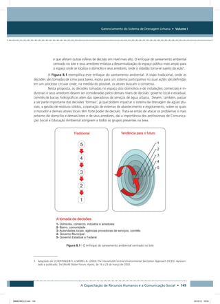 Gerenciamento do Sistema de Drenagem Urbana • Volume I
A Capacitação de Recursos Humanos e a Comunicação Social • 149
e que afetam outras esferas de decisão em nível mais alto. O enfoque de saneamento ambiental
centrado no lote e seus arredores enfatiza a descentralização do espaço público mais amplo para
o espaço onde se localiza o domicílio e seus arredores, onde o cidadão torna-se sujeito da ação3
.
A Figura 8.1 exemplifica este enfoque do saneamento ambiental. A visão tradicional, onde as
decisões são tomadas de cima para baixo, evolui para um sistema participativo no qual ações são definidas
em um processo circular onde, na medida do possível, os atores buscam o consenso.
Nesta proposta, as decisões tomadas no espaço dos domicílios e de instalações comerciais e in-
dustriais e seus arredores devem ser consideradas pelos demais níveis de decisão: governo local e estadual,
comitês de bacias hidrográficas além das operadoras de serviços de água urbana. Devem, também, passar
a ser parte importante das decisões ‘formais’, já que podem impactar o sistema de drenagem de águas plu-
viais, a gestão de resíduos sólidos, a operação de sistemas de abastecimento e esgotamento, sobre os quais
o morador e demais atores locais têm forte poder de decisão. Trata-se então de atacar os problemas o mais
próximo do domicílio e demais lotes e de seus arredores, daí a importância dos profissionais de Comunica-
ção Social e Educação Ambiental atingirem a todos os grupos presentes na área.
Figura 8.1 - O enfoque do saneamento ambiental centrado no lote
3 Adaptado de SCHERTENLEIB R. e MOREL A. (2003) The Household-Centred Environmental Sanitation Approach (HCES). Apresen-
tado e publicado: 3rd World Water Forum, Kyoto, de 16 a 23 de março de 2003.
08666 MIOLO.indd 149 24/10/12 16:54
 
