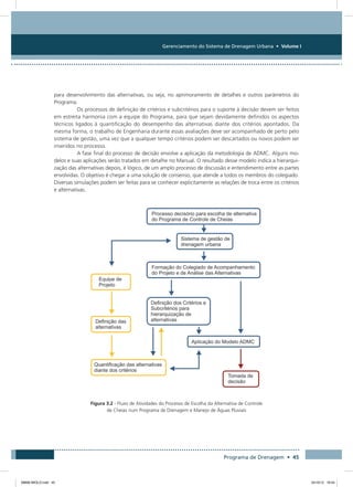 Gerenciamento do Sistema de Drenagem Urbana • Volume I
Programa de Drenagem • 45
para desenvolvimento das alternativas, ou seja, no aprimoramento de detalhes e outros parâmetros do
Programa.
Os processos de definição de critérios e subcritérios para o suporte à decisão devem ser feitos
em estreita harmonia com a equipe do Programa, para que sejam devidamente definidos os aspectos
técnicos ligados à quantificação do desempenho das alternativas diante dos critérios apontados. Da
mesma forma, o trabalho de Engenharia durante essas avaliações deve ser acompanhado de perto pelo
sistema de gestão, uma vez que a qualquer tempo critérios podem ser descartados ou novos podem ser
inseridos no processo.
A fase final do processo de decisão envolve a aplicação da metodologia de ADMC. Alguns mo-
delos e suas aplicações serão tratados em detalhe no Manual. O resultado desse modelo indica a hierarqui-
zação das alternativas depois, é lógico, de um amplo processo de discussão e entendimento entre as partes
envolvidas. O objetivo é chegar a uma solução de consenso, que atende a todos os membros do colegiado.
Diversas simulações podem ser feitas para se conhecer explicitamente as relações de troca entre os critérios
e alternativas.
Figura 3.2 - Fluxo de Atividades do Processo de Escolha da Alternativa de Controle
de Cheias num Programa de Drenagem e Manejo de Águas Pluviais
08666 MIOLO.indd 45 24/10/12 16:54
 
