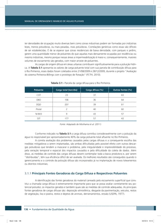 136 • Fundamentos de Qualidade da Água
Manual de Drenagem e Manejo de Águas Pluviais
ter densidades de ocupação muito diversas bem como zonas industriais podem ser formadas por indústrias
leves, menos poluidoras, ou mais pesadas, mais poluidoras. Correlações genéricas como essas são difíceis
de ser estabelecidas. É de se esperar que zonas residenciais de baixa densidade, com parques e jardins,
gerem uma quantidade menor de poluentes do que aquelas mais densamente ocupadas por residências ou
mesmo indústrias, mesmo porque nessas áreas a impermeabilização é maior e, consequentemente, maiores
volumes de escoamento são gerados, com maior arraste de poluentes.
As cargas de origem difusa em áreas urbanas contribuem significativamente para a poluição hídri-
ca. A Tabela 3.1 apresenta os valores de carga poluente total com sua parcela de contribuição difusa para
o Rio Pinheiros, esses dados foram coletados entre 21/08/2009 e 28/12/2009, durante o projeto “Avaliação
do sistema Pinheiros-Billings com o protótipo de flotação” (FCTH, 2010).
Tabela 3.1 - Parcela da carga difusa para o Rio Pinheiros
Poluente Carga total (ton/dia) Carga difusa (%) Outras fontes (%)
COT 23 37 63
DBO 106 36 64
DQO 207 39 61
Ptotal 2 40 60
N-NH3 9 43 57
SST 177 57 43
Fonte: Adaptado de Morihama et al. (2011)
Conforme indicado na Tabela 3.1 a carga difusa contribui consideravelmente com a poluição da
água no responsável por aproximadamente 40% da carga poluente total afluente no Rio Pinheiros.
A correta avaliação dos problemas causados pelas cargas difusas e a consequente escolha das
medidas mitigadoras a serem implantadas, são ambas dificultadas pelo possível efeito com outras descar-
gas poluidoras que tendem a mascarar o problema, pela irregularidade e imprevisibilidade do processo,
pela variação temporal e espacial dos impactos causados e pela dificuldade da coleta de dados. Além
disso, as medidas de controle das cargas difusas devem contemplar toda a bacia produtora e, por serem
“distribuídas”, têm sua eficiência difícil de ser avaliada. Os melhores resultados são conseguidos quando o
gerenciamento e o controle da poluição difusa são incorporados já na implantação de novos loteamentos
ou distritos industriais.
3.1.1 Principais Fontes Geradoras da Carga Difusa e Respectivos Poluentes
A identificação das fontes geradoras do material carreado pelo escoamento superficial que cons-
titui a chamada carga difusa é extremamente importante para que se possa avaliar corretamente seu po-
tencial poluidor, os impactos gerados e também quais são as medidas de controle adequadas. As principais
fontes geradoras de cargas difusas são: deposição atmosférica, desgaste da pavimentação, veículos, restos
de vegetação, lixo e poeira, restos e dejetos de animais, derramamentos, erosão (USEPA, 1977).
Book 1.indb 136 23/10/12 15:13
 