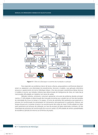 14 • Fundamentos de Hidrologia
Manual de Drenagem e Manejo de Águas Pluviais
Figura 1.1 - Efeito da urbanização no aumento das inundações e a poluição
Para responder aos problemas típicos de bacias urbanas, pesquisadores e profissionais desenvol-
veram ou adaptaram uma diversidade de procedimentos, técnicas e modelos, cuja aplicação sistemática
provocou o aparecimento do termo Hidrologia Urbana. Uma das principais características dessas técnicas
e modelos é recorrer aos métodos indiretos para determinação de hidrogramas de cheia, em razão das já
mencionadas dificuldades em trabalhar com series de vazões.
Métodos indiretos, entretanto, costumam apresentar uma serie de problemas devidos principal-
mente a: (1) dificuldades na determinação das chamadas tormentas que o projeto tem em face das variações
da intensidade da chuva no tempo e no espaço, (2) erros de estimativa dos parâmetros que governam o
processo de transformação de precipitação em escoamento (principalmente os parâmetros relativos aos
tempos de percurso, às perdas na bacia e ao amortecimento das ondas de cheia), (3) dificuldades em obter
estes parâmetros por processo de calibração, em face da escassez de dados observados confiáveis, (4) não
linearidade dos processos de transformação de chuva em vazão e (5) dificuldades de atribuir probabilidades
de excedência (período de retorno) às tormentas de projeto.
Book 1.indb 14 23/10/12 15:12
 