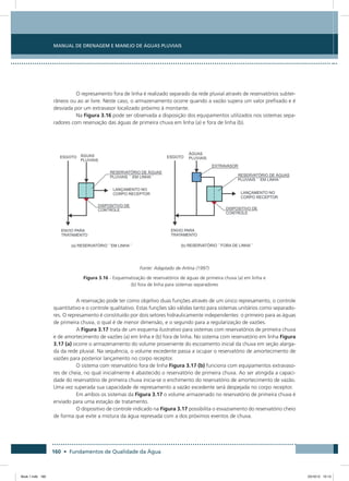 160 • Fundamentos de Qualidade da Água
Manual de Drenagem e Manejo de Águas Pluviais
O represamento fora de linha é realizado separado da rede pluvial através de reservatórios subter-
râneos ou ao ar livre. Neste caso, o armazenamento ocorre quando a vazão supera um valor prefixado e é
desviada por um extravasor localizado próximo à montante.
Na Figura 3.16 pode ser observada a disposição dos equipamentos utilizados nos sistemas sepa-
radores com reservação das águas de primeira chuva em linha (a) e fora de linha (b).
Fonte: Adaptado de Artina (1997)
Figura 3.16 - Esquematização de reservatórios de águas de primeira chuva (a) em linha e
(b) fora de linha para sistemas separadores
A reservação pode ter como objetivo duas funções através de um único represamento, o controle
quantitativo e o controle qualitativo. Estas funções são válidas tanto para sistemas unitários como separado-
res. O represamento é constituído por dois setores hidraulicamente independentes: o primeiro para as águas
de primeira chuva, o qual é de menor dimensão, e o segundo para a regularização de vazões.
A Figura 3.17 trata de um esquema ilustrativo para sistemas com reservatórios de primeira chuva
e de amortecimento de vazões (a) em linha e (b) fora de linha. No sistema com reservatório em linha Figura
3.17 (a) ocorre o armazenamento do volume proveniente do escoamento inicial da chuva em seção alarga-
da da rede pluvial. Na sequência, o volume excedente passa a ocupar o reservatório de amortecimento de
vazões para posterior lançamento no corpo receptor.
O sistema com reservatório fora de linha Figura 3.17 (b) funciona com equipamentos extravaso-
res de cheia, no qual inicialmente é abastecido o reservatório de primeira chuva. Ao ser atingida a capaci-
dade do reservatório de primeira chuva inicia-se o enchimento do reservatório de amortecimento de vazão.
Uma vez superada sua capacidade de represamento a vazão excedente será despejada no corpo receptor.
Em ambos os sistemas da Figura 3.17 o volume armazenado no reservatório de primeira chuva é
enviado para uma estação de tratamento.
O dispositivo de controle indicado na Figura 3.17 possibilita o esvaziamento do reservatório cheio
de forma que evite a mistura da água represada com a dos próximos eventos de chuva.
Book 1.indb 160 23/10/12 15:13
 