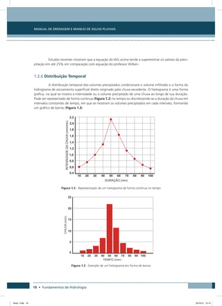 18 • Fundamentos de Hidrologia
Manual de Drenagem e Manejo de Águas Pluviais
Estudos recentes mostram que a equação do IAG acima tende a superestimar os valores da preci-
pitação em até 25% em comparação com equação do professor Wilken.
1.2.6 Distribuição Temporal
A distribuição temporal dos volumes precipitados condicionará o volume infiltrado e a forma do
hidrograma de escoamento superficial direto originado pela chuva excedente. O hietograma é uma forma
gráfica, na qual se mostra a intensidade ou o volume precipitado de uma chuva ao longo de sua duração.
Pode ser representado de forma contínua (Figura 1.2) no tempo ou discretizando-se a duração da chuva em
intervalos constantes de tempo, em que se mostram os volumes precipitados em cada intervalo, formando
um gráfico de barras (Figura 1.3).
Figura 1.2 - Representação de um hietograma de forma contínua no tempo
Figura 1.3 - Exemplo de um hietograma em forma de barras
Book 1.indb 18 23/10/12 15:12
 