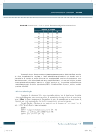 Aspectos Tecnológicos: Fundamentos • Volume II
Fundamentos de Hidrologia • 39
Tabela 1.8 - Conversão das Curvas CN para as diferentes Condições de Umidade do solo
Condições de umidade
I II III
100 100 100
87 95 99
78 90 98
70 85 97
63 80 94
57 75 91
51 70 87
45 65 83
40 60 79
35 55 75
31 50 70
27 45 65
23 40 60
19 35 55
15 30 50
Atualmente, com o desenvolvimento da área de geoprocessamento, é recomendável proceder
ao cálculo do parâmetro CN com base na classificação de uso e ocupação do solo obtida a partir da
interpretação de imagens de satélite. Conta-se com uma diversidade muito grande de produtos, tanto
relativos às imagens como aos softwares que fazem a geointerpretação, com preços e atributos variados.
Podem-se destacar dois produtos gratuitos: o software Spring do INPE (Instituto Nacional de Pesquisas
Espaciais) e as imagens do satélite sino-brasileiro CBERS (China Brasil Earth Resources Satellite), também
fornecidas pelo INPE.
Efeitos da Urbanização
A aplicação do método do SCS a áreas urbanizadas pode ser feita de duas formas. Uma delas
é fazer uso de tabelas que levam em conta os tipos de ocupação do solo característicos de áreas urbanas
como a Tabela 14. Caso a bacia apresente diversos tipos de solo e de ocupação, deve-se adotar o valor de
CN obtido pela média ponderada dos diversos CNs correspondentes às áreas homogêneas.
Exemplo: Calcular o CN médio de uma bacia com área de drenagem de 3 km2
, sendo 2 km2
de
solo B e 1 km2
de solo C com a seguinte ocupação:
Solo B:
0,3 km2
- ruas pavimentadas e estacionamento (CN = 98)
1,1 km2
- uso residencial, lotes de 500 m2
(CN = 85)
0,6 km2
- áreas comerciais (CN = 92)
Book 1.indb 39 23/10/12 15:12
 