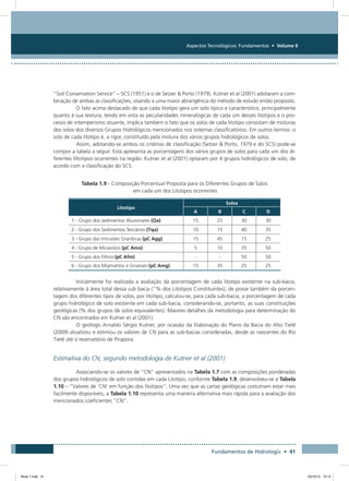 Aspectos Tecnológicos: Fundamentos • Volume II
Fundamentos de Hidrologia • 41
“Soil Conservation Service” – SCS (1951) e o de Setzer  Porto (1979). Kutner et al (2001) adotaram a com-
binação de ambas as classificações, visando a uma maior abrangência do método de estudo então proposto.
O fato acima destacado de que cada litotipo gera um solo típico e característico, principalmente
quanto à sua textura, tendo em vista as peculiaridades mineralógicas de cada um desses litotipos e o pro-
cesso de intemperismo atuante, implica também o fato que os solos de cada litotipo consistam de misturas
dos solos dos diversos Grupos Hidrológicos mencionados nos sistemas classificatórios. Em outros termos: o
solo de cada litotipo é, a rigor, constituído pela mistura dos vários grupos hidrológicos de solos.
Assim, adotando-se ambos os critérios de classificação (Setzer  Porto, 1979 e do SCS) pode-se
compor a tabela a seguir. Esta apresenta as porcentagens dos vários grupos de solos para cada um dos di-
ferentes liltotipos ocorrentes na região. Kutner et al (2001) optaram por 4 grupos hidrológicos de solo, de
acordo com a classificação do SCS.
Tabela 1.9 - Composição Porcentual Proposta para os Diferentes Grupos de Solos
em cada um dos Litotipos ocorrentes
Litotipo
Solos
A B C D
1 - Grupo dos sedimentos Aluvionares (Qa) 15 25 30 30
2 - Grupo dos Sedimentos Terciários (Tqa) 10 15 40 35
3 - Grupo das Intrusões Graníticas (pC Agg) 15 45 15 25
4 - Grupo de Micaxistos (pC Amx) 5 10 35 50
5 - Grupo dos Filtros (pC Afm) - - 50 50
6 - Grupo dos Migmatitos e Gnaisses (pC Amg) 15 35 25 25
Inicialmente foi realizada a avaliação da porcentagem de cada litotipo existente na sub-bacia,
relativamente à área total dessa sub bacia (“% dos Litotipos Constituintes); de posse também da porcen-
tagem dos diferentes tipos de solos, por litotipo, calculou-se, para cada sub-bacia, a porcentagem de cada
grupo hidrológico de solo existente em cada sub-bacia, considerando-se, portanto, as suas constituições
geológicas (% dos grupos de solos equivalentes). Maiores detalhes da metodologia para determinação do
CN são encontrados em Kutner et al (2001).
O geólogo Arnaldo Sérgio Kutner, por ocasião da Elaboração do Plano da Bacia do Alto Tietê
(2009) atualizou e estimou os valores de CN para as sub-bacias consideradas, desde as nascentes do Rio
Tietê até o reservatório de Pirapora.
Estimativa do CN, segundo metodologia de Kutner et al (2001)
Associando-se os valores de “CN” apresentados na Tabela 1.7 com as composições ponderadas
dos grupos hidrológicos de solo contidas em cada Litotipo, conforme Tabela 1.9, desenvolveu-se a Tabela
1.10 – “Valores de ‘CN’ em função dos litotipos”. Uma vez que as cartas geológicas costumam estar mais
facilmente disponíveis, a Tabela 1.10 representa uma maneira alternativa mais rápida para a avaliação dos
mencionados coeficientes “CN”.
Book 1.indb 41 23/10/12 15:12
 