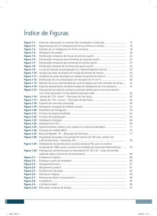 Índice de Figuras
Figura 1.1 - 	 Efeito da urbanização no aumento das inundações e a poluição.................................. 	14
Figura 1.2 - 	 Representação de um hietograma de forma contínua no tempo.................................. 	18
Figura 1.3 - 	 Exemplo de um hietograma em forma de barras......................................................... 	18
Figura 1.4 - 	 Hietograma de projeto................................................................................................ 	20
Figura 1.5 - 	 Distribuições temporais de chuvas do primeiro quartil.................................................. 	22
Figura 1.6 - 	 Distribuições temporais para tormentas do segundo quartil......................................... 	22
Figura 1.7 - 	 Distribuições temporais das tormentas do terceiro quartil............................................ 	23
Figura 1.8 - 	 Distribuição temporal de tormentas do quarto quartil.................................................. 	23
Figura 1.9 - 	 Curvas de redução de precipitação (U.S. National Weather Service)............................. 	26
Figura 1.10 - 	Variação da vazão de projeto em função do período de retorno.................................. 	29
Figura 1.11 - 	Gradiente da vazão de projeto em relação ao período de retorno................................ 	29
Figura 1.12 - 	Distribuição de uma precipitação com durações de 3 h e 6 h....................................... 	30
Figura 1.13 - 	Matrizes de chuva, discretização da curva no espaço para três intervalos de tempo..... 	32
Figura 1.14 - 	Esquema representativo da determinação do Hietograma de uma sub-bacia............... 	33
Figura 1.15 - 	Hidrogramas de saída da sub-bacia analisada obtidos para uma chuva discreta
	 com chuva de projeto e chuva determinada pelo radar................................................ 	34
Figura 1.16 - 	 Valores de “CN – Atual” – Município de São Paulo..................................................... 	45
Figura 1.17 - 	 Valores de “CN – Futuro” – Município de São Paulo................................................... 	46
Figura 1.18 - 	Esquema de uma área urbanizada............................................................................... 	49
Figura 1.19 - 	Hidrograma triangular do método racional.................................................................. 	52
Figura 1.20 - 	Parâmetros do hidrograma.......................................................................................... 	59
Figura 1.21 - 	Princípio da proporcionalidade.................................................................................... 	62
Figura 1.22 - 	Princípio da superposição............................................................................................ 	62
Figura 1.23 - 	Hidrograma triangular................................................................................................. 	64
Figura 1.24 - 	Hidrograma do SCS..................................................................................................... 	65
Figura 1.25 - 	Desenvolvimento urbano e seu impacto no sistema de drenagem................................ 	71
Figura 1.26 - 	Estrutura do modelo ABC6.......................................................................................... 	75
Figura 1.27 - 	Bacia do Ribeirão “B” – Município de São Paulo.......................................................... 	77
Figura 1.28 - 	Precipitação de projeto com período de retorno de 100 anos, obtida com
	 a IDF de São Paulo – Pacaembu (SP)............................................................................ 	78
Figura 1.29 - 	Hidrogramas resultantes para o exutório da bacia (P4), para os cenários
	 da década de 1980, atual e cenários com medidas de contenção (Reservatórios)......... 	79
Figura 1.30 - 	Hidrogramas resultantes para os reservatórios R1, R2 e R3 – vazão de entrada,
	 vazão de saída e volume de armazenamento............................................................... 	80
Figura 2.1 - 	 Emboque em galeria................................................................................................... 	88
Figura 2.2 - 	 Emboque a partir de vertedores................................................................................... 	90
Figura 2.3 - 	 Alargamento brusco.................................................................................................... 	91
Figura 2.4 - 	 Alargamento gradual.................................................................................................. 	91
Figura 2.5 - 	 Estreitamento de seção............................................................................................... 	92
Figura 2.6 - 	 Desnível em degrau..................................................................................................... 	92
Figura 2.7 - 	 Presença de pilares no escoamento............................................................................. 	94
Figura 2.8 - 	 Confluência................................................................................................................ 	95
Figura 2.9 - 	 Confluência ideal........................................................................................................ 	96
Figura 2.10 - 	Bifurcação mudança de direção................................................................................... 	97
Book 1.indb 5 23/10/12 15:11
 