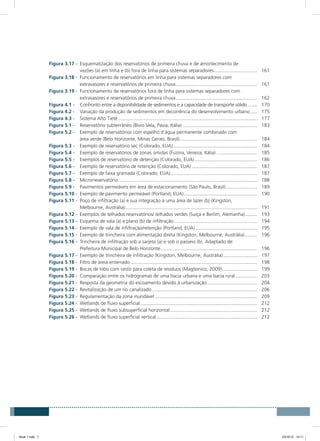 Figura 3.17 - 	Esquematização dos reservatórios de primeira chuva e de amortecimento de
	 vazões (a) em linha e (b) fora de linha para sistemas separadores................................. 	161
Figura 3.18 - 	Funcionamento de reservatórios em linha para sistemas separadores com
	 extravasores e reservatórios de primeira chuva............................................................. 	161
Figura 3.19 - 	Funcionamento de reservatórios fora de linha para sistemas separadores com
	 extravasores e reservatórios de primeira chuva............................................................. 	162
Figura 4.1 - 	 Confronto entre a disponibilidade de sedimentos e a capacidade de transporte sólido........ 	170
Figura 4.2 - 	 Variação da produção de sedimentos em decorrência do desenvolvimento urbano...... 	175
Figura 4.3 - 	 Sistema Alto Tietê....................................................................................................... 	177
Figura 5.1 - 	 Reservatório subterrâneo (Bivio Vela, Pavia, Itália)........................................................ 	183
Figura 5.2 - 	 Exemplo de reservatórios com espelho d‘água permanente combinado com
	 área verde (Belo Horizonte, Minas Gerais, Brasil).......................................................... 	184
Figura 5.3 - 	 Exemplo de reservatório sec (Colorado, EUA)............................................................... 	184
Figura 5.4 - 	 Exemplo de reservatórios de zonas úmidas (Fuzina, Veneza, Itália)............................... 	185
Figura 5.5 - 	 Exemplos de reservatório de detenção (Colorado, EUA)............................................... 	186
Figura 5.6 - 	 Exemplo de reservatório de retenção (Colorado, EUA)................................................. 	187
Figura 5.7 - 	 Exemplo de faixa gramada (Colorado, EUA)................................................................ 	187
Figura 5.8 - 	 Microrreservatório....................................................................................................... 	188
Figura 5.9 - 	 Pavimentos permeáveis em área de estacionamento (São Paulo, Brasil)........................ 	189
Figura 5.10 - 	Exemplo de pavimento permeável (Portland, EUA)....................................................... 	190
Figura 5.11 - 	Poço de infiltração (a) e sua integração a uma área de lazer (b) (Kingston,
	 Melbourne, Austrália).................................................................................................. 	191
Figura 5.12 - 	Exemplos de telhados reservatórios/ telhados verdes (Suíça e Berlim, Alemanha).......... 	193
Figura 5.13 - 	Esquema de vala (a) e plano (b) de infiltração.............................................................. 	194
Figura 5.14 - 	Exemplo de vala de infiltração/retenção (Portland, EUA).............................................. 	195
Figura 5.15 - 	Exemplo de trincheira com alimentação direta (Kingston, Melbourne, Austrália).......... 	196
Figura 5.16 - 	Trincheira de infiltração sob a sarjeta (a) e sob o passeio (b). Adaptado de:
	 Prefeitura Municipal de Belo Horizonte........................................................................ 	196
Figura 5.17 - 	Exemplo de trincheira de infiltração (Kingston, Melbourne, Austrália).......................... 	197
Figura 5.18 - 	Filtro de areia enterrado.............................................................................................. 	198
Figura 5.19 - 	Bocas de lobo com cesto para coleta de resíduos (Maglionico, 2009)........................... 	199
Figura 5.20 - 	Comparação entre os hidrogramas de uma bacia urbana e uma bacia rural................. 	203
Figura 5.21 - 	Resposta da geometria do escoamento devido à urbanização...................................... 	204
Figura 5.22 - 	Revitalização de um rio canalizado.............................................................................. 	206
Figura 5.23 - 	Regulamentação da zona inundável............................................................................ 	209
Figura 5.24 - 	Wetlands de fluxo superficial....................................................................................... 	212
Figura 5.25 - 	Wetlands de fluxo subsuperficial horizontal................................................................. 	212
Figura 5.26 - 	Wetlands de fluxo superficial vertical........................................................................... 	212
Book 1.indb 7 23/10/12 15:11
 