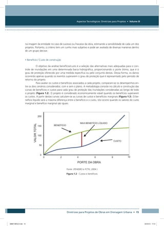 Aspectos Tecnológicos: Diretrizes para Projetos • Volume III
Diretrizes para Projetos de Obras em Drenagem Urbana • 15
na imagem da entidade no caso de sucesso ou fracasso da obra, estimando a sensibilidade de cada um dos
projetos. Portanto, o critério tem um cunho mais subjetivo e pode ser avaliado de diversas maneiras dentro
de um grupo decisor.
• Benefício / Custo de construção
O objetivo da análise benefício/custo é a seleção das alternativas mais adequadas para o con-
trole de inundações em uma determinada bacia hidrográfica, proporcionando o porte ótimo, que é o
grau de proteção oferecido por uma medida específica ou pelo conjunto destas. Dessa forma, os danos
ocorrerão apenas quando os eventos superarem o grau de proteção que é representado pelo período de
retorno do projeto.
Para avaliar os custos e benefícios associados a cada projeto, comparam-se os desempenhos en-
tre os dois cenários considerados: com e sem o plano. A metodologia consiste no cálculo e construção das
curvas de benefícios e custos para cada grau de proteção das inundações consideradas ao longo de todo
o projeto (Figura 1.2). O projeto é considerado economicamente viável quando os benefícios superarem
os custos. A partir destas curvas calculam-se as curvas de custos e benefícios marginais (Figura 1.3). O be-
nefício líquido será a máxima diferença entre o benefício e o custo, isto ocorre quando os valores do custo
marginal e benefício marginal são iguais.
Fonte: (FEHIDRO e FCTH, 2004 )
Figura 1.2 - Custos e benefícios
08667 MIOLO.indd 15 23/10/12 17:21
 