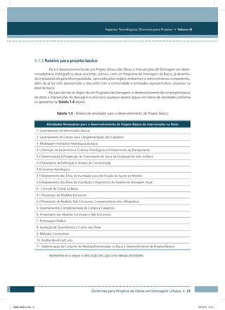 Aspectos Tecnológicos: Diretrizes para Projetos • Volume III
Diretrizes para Projetos de Obras em Drenagem Urbana • 21
1.1.3 Roteiro para projeto básico
Para o desenvolvimento de um Projeto Básico das Obras e Intervenções de Drenagem em deter-
minada bacia hidrográfica, deve-se contar, a priori, com um Programa de Drenagem da Bacia, já desenha-
do e estabelecido pela Municipalidade, aprovado pelos órgãos ambientais e administrativos competentes,
além de já ter sido apresentado e discutido com a comunidade e entidades representativas atuantes na
área da bacia.
No caso de não se dispor de um Programa de Drenagem, o desenvolvimento de um projeto básico
de obras e intervenções de drenagem numa bacia qualquer deverá seguir um roteiro de atividades conforme
se apresenta na Tabela 1.4 abaixo.
Tabela 1.4 - Roteiro de atividades para o desenvolvimento de Projeto Básico
Atividades Necessárias para o desenvolvimento de Projeto Básico de Intervenções na Bacia
1. Levantamento de Informações Básicas
2. Levantamento de Campo para Complementação dos Cadastros
3. Modelagem Hidráulico-Hidrológica da Bacia
3.1 Definição de Parâmetros e Critérios Hidrológicos e Componentes de Planejamento
3.2 Determinação e Prospecção do Crescimento do Uso e da Ocupação do Solo na Bacia
3.3 Parâmetros de Infiltração e Tempos de Concentração
3.4 Cenários Hidrológicos
3.5 Mapeamento das Áreas de Inundação para Verificação do Ajuste do Modelo
3.6 Mapeamento das Áreas de Inundação e Diagnóstico do Sistema de Drenagem Atual
4. Controle de Cheias na Bacia
4.1 Proposição de Medidas Estruturais
4.2 Proposição de Medidas Não Estruturais, Compensatórias e/ou Mitigadoras
5. Levantamentos Complementares de Campo e Cadastros
6. Anteprojeto das Medidas Estruturais e Não Estruturais
7. Participação Pública
8. Avaliação de Quantitativos e Custos das Obras
9. Métodos Construtivos
10. Análise Benefício/Custo
11. Determinação do Conjunto de Medidas/Intervenções na Bacia e Desenvolvimento de Projetos Básicos
Apresenta-se a seguir a descrição de cada uma destas atividades.
08667 MIOLO.indd 21 23/10/12 17:21
 