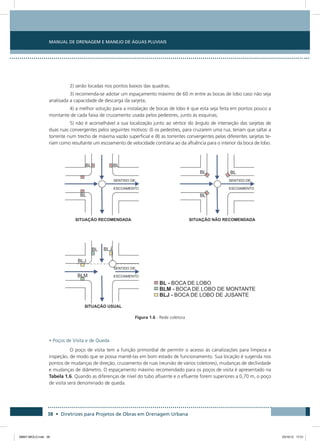 Manual de Drenagem e Manejo de Águas Pluviais
38 • Diretrizes para Projetos de Obras em Drenagem Urbana
2) serão locadas nos pontos baixos das quadras;
3) recomenda-se adotar um espaçamento máximo de 60 m entre as bocas de lobo caso não seja
analisada a capacidade de descarga da sarjeta;
4) a melhor solução para a instalação de bocas de lobo é que esta seja feita em pontos pouco a
montante de cada faixa de cruzamento usada pelos pedestres, junto às esquinas;
5) não é aconselhável a sua localização junto ao vértice do ângulo de interseção das sarjetas de
duas ruas convergentes pelos seguintes motivos: (I) os pedestres, para cruzarem uma rua, teriam que saltar a
torrente num trecho de máxima vazão superficial e (II) as torrentes convergentes pelas diferentes sarjetas te-
riam como resultante um escoamento de velocidade contrária ao da afluência para o interior da boca de lobo.
Figura 1.6 - Rede coletora
• Poços de Visita e de Queda
O poço de visita tem a função primordial de permitir o acesso às canalizações para limpeza e
inspeção, de modo que se possa mantê-las em bom estado de funcionamento. Sua locação é sugerida nos
pontos de mudanças de direção, cruzamento de ruas (reunião de vários coletores), mudanças de declividade
e mudanças de diâmetro. O espaçamento máximo recomendado para os poços de visita é apresentado na
Tabela 1.6. Quando as diferenças de nível do tubo afluente e o efluente forem superiores a 0,70 m, o poço
de visita será denominado de queda.
08667 MIOLO.indd 38 23/10/12 17:21
 