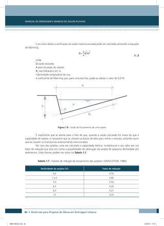 Manual de Drenagem e Manejo de Águas Pluviais
40 • Diretrizes para Projetos de Obras em Drenagem Urbana
Com estes dados a verificação da vazão máxima escoada pode ser calculada utilizando a equação
de Manning:
	 1 . 2
onde:
Q vazão escoada;
A área da seção da sarjeta;
Rh raio hidráulico em m;
i declividade longitudinal da rua;
n coeficiente de Manning que, para concreto liso, pode-se adotar o valor de 0,018.
Figura 1.8 - Seção de Escoamento de uma sarjeta
É importante que se atente para o fato de que, quando a vazão calculada for maior do que a
capacidade da sarjeta, é necessário que se utilizem as bocas de lobo para retirar o excesso, evitando assim
que se causem os transtornos anteriormente mencionados.
No caso das sarjetas, uma vez calculada a capacidade teórica, multiplica-se o seu valor por um
fator de redução que leva em conta a possibilidade de obstrução da sarjeta de pequena declividade por
sedimentos. Estes fatores podem ser vistos na Tabela 1.7.
Tabela 1.7 - Fatores de redução de escoamento das sarjetas ( DAEE/CETESB, 1980)
Declividade da sarjeta (%) Fator de redução
0,4 0,50
1 a 3 0,80
5,0 0,50
6,0 0,40
8,0 0,27
10 0,20
08667 MIOLO.indd 40 23/10/12 17:21
 