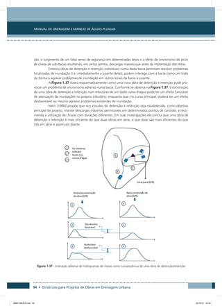Manual de Drenagem e Manejo de Águas Pluviais
94 • Diretrizes para Projetos de Obras em Drenagem Urbana
são: o surgimento de um falso senso de segurança em determinadas áreas e o efeito de sincronismo de picos
de cheias de sub-bacias resultando, em certos pontos, descargas maiores que antes da implantação das obras.
Embora obras de detenção e retenção individuais numa dada bacia permitam resolver problemas
localizados de inundação (i.e. imediatamente a jusante delas), podem interagir com a bacia como um todo
de forma a agravar problemas de inundação em outros locais da bacia a jusante.
A Figura 1.37 ilustra esquematicamente como uma nova obra de detenção e retenção pode pro-
vocar um problema de sincronismo adverso numa bacia. Conforme se observa na Figura 1.37, a construção
de uma obra de detenção e retenção num tributário de um dado curso d’água pode ter um efeito favorável
de atenuação de inundações no próprio tributário, enquanto que, no curso principal, poderá ter um efeito
desfavorável ou mesmo agravar problemas existentes de inundação.
Mein (1980) propõe que nos estudos de detenção e retenção seja estabelecido, como objetivo
principal de projeto, manter descargas máximas permissíveis em determinados pontos de controle, e reco-
menda a utilização de chuvas com durações diferentes. Em suas investigações ele conclui que uma obra de
detenção e retenção é mais eficiente do que duas obras em série, e que duas são mais eficientes do que
três em série e assim por diante.
Figura 1.37 - Interação adversa de hidrogramas de cheias como consequência de uma obra de detenção/retenção
08667 MIOLO.indd 94 24/10/12 16:33
 