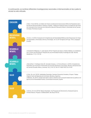A continuación, se nombran diferentes investigaciones nacionales e internacionales en las cuales la
escala ha sido utilizada.
• Soto., P. et al (2018). Los Estilos de Crianza y la Educación Emocional en Niños de Preparatoria de la
Escuela de Educación Básica “América y España”. Trabajo de Titulación Previo a la Obtención del Título
de Licenciado (A) en Ciencias de la Educación, Mención Educación Infantil. Universidad de las Fuerzas
Armadas, Pichincha, Ecuador.
• Forero., D. (2018). Evaluación de Competencias de Parentalidad Reflexiva Ante Situaciones Con Hijos
Discapacitados. Universidad, Ciencia y Tecnología, Vol. 23, Nº 93 Agosto 2019 (pp. 75-81), Guayaquil,
Ecuador.
• Eisendecher Melgarejo, E. (Julio-Agosto 2018). Programa de Apoyo a Padres, Madres y/o Cuidadores
de un Centro de Estimulación Temprana de una Universidad Privada en Santiago de Chile. Revista
Akadèmeia, 17 (1), 110-136.
• Bernal-Ruiz, F., Rodríguez-Vera, M., González-Campos, J., & Torres-Álvarez, A. (2018). Competencias
Parentales que Favorecen el Desarrollo de Funciones Ejecutivas en Escolares. Revista Latinoamericana
de Ciencias Sociales, Niñez y Juventud, 16(1), 163-176. doi:10.11600/1692715x.16109.
• Zuza., M. et al. (2018). Habilidades Parentales: Gametos Femeninos Donados y Propios. Trabajo
Original, Centro de Reproducción del Oeste, Mendoza, Argentina.
• Matteoni., M. (2017). Estudio descriptivo sobre la influencia de la situación laboral de los padres en el
ejercicio de la Parentalidad Positiva. Universidad de Alicante, España.
• Herrero., M. et al (2018). Modos Parentales: Una Propuesta de Intervención y Evaluación para la
Primera Infancia. Proyecto «CONSOLIDAR»; Res Secyt 478/18.
Educación
DISCAPACIDAD
INFANTIL
DESARROLLO
INFANTIL
DESARROLLO
INFANTIL
SALUD
SALUD
Últimos estudios de la escala E2P en Latinoamérica
 