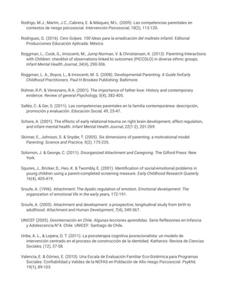Rodrigo, M.J., Martín, J.C., Cabrera, E. & Máiquez, M.L. (2009). Las competencias parentales en
contextos de riesgo psicosocial. Intervención Psicosocial, 18(2), 113-120.
Rodriguez, G. (2016). Cero Golpes. 100 Ideas para la erradicación del maltrato infantil. Editorial
Producciones Educación Aplicada: México.
Roggman, L., Cook, G., Innocenti, M., Jump Norman, V. & Christiansen, K. (2013). Parenting Interactions
with Children: checklist of observations linked to outcomes (PICCOLO) in diverse ethnic groups.
Infant Mental Health Journal, 34(4), 290-306.
Roggman, L. A., Boyce, L., & Innocenti, M. S. (2008). Developmental Parenting: A Guide forEarly
Childhood Practitioners. Paul H.Brookes Publishing: Baltimore.
Rohner, R.P., & Veneziano, R.A. (2001). The importance of father love: History and contemporary
evidence. Review of general Psychology, 5(4), 382-405.
Sallés, C. & Ger, S. (2011). Las competencias parentales en la familia contemporánea: descripción,
promoción y evaluación. Educación Social, 49, 25-47.
Schore, A. (2001). The effects of early relational trauma on right brain development, affect regulation,
and infant mental health. Infant Mental Health Journal, 22(1-2), 201-269.
Skinner, E., Johnson, S. & Snyder, T. (2005). Six dimensions of parenting: a motivational model.
Parenting: Science and Practice, 5(2), 175-235.
Solomon, J. & George, C. (2011). Disorganized Attachment and Caregiving. The Gilford Press: New
York.
Squires, J., Bricker, D., Heo, K. & Twombly, E. (2001). Identification of social-emotional problems in
young children using a parent-completed screening measure. Early Childhood Research Quaterly.
16(4), 405-419.
Sroufe, A. (1996). Attachment: The dyadic regulation of emotion. Emotional development: The
organization of emotional life in the early years, 172-191.
Sroufe, A. (2005). Attachment and development: a prospective, longitudinal study from birth to
adulthood. Attachment and Human Development, 7(4), 349-367.
UNICEF (2005). Desinternación en Chile. Algunas lecciones aprendidas. Serie Reflexiones en Infancia
y Adolescencia N°4. Chile. UNICEF: Santiago de Chile.
Uribe, A. L., & Lopera, D. T. (2011). La psicoterapia cognitiva posracionalista: un modelo de
intervención centrado en el proceso de construcción de la identidad. Katharsis: Revista de Ciencias
Sociales, (12), 37-58.
Valencia, E. & Gómez, E. (2010). Una Escala de Evaluación Familiar Eco-Sistémica para Programas
Sociales: Confiabilidad y Validez de la NCFAS en Población de Alto riesgo Psicosocial. Psykhé,
19(1), 89-103.
 