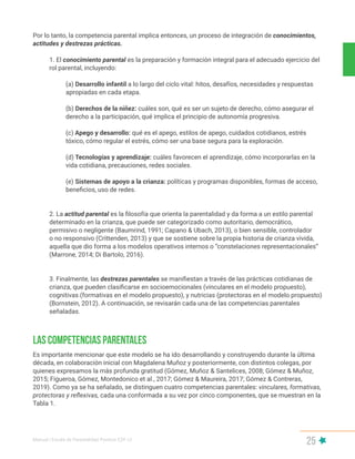 Manual | Escala de Parentalidad Positiva E2P. v2
25
Por lo tanto, la competencia parental implica entonces, un proceso de integración de conocimientos,
actitudes y destrezas prácticas.
1. El conocimiento parental es la preparación y formación integral para el adecuado ejercicio del
rol parental, incluyendo:
(a) Desarrollo infantil a lo largo del ciclo vital: hitos, desafíos, necesidades y respuestas
apropiadas en cada etapa.
(b) Derechos de la niñez: cuáles son, qué es ser un sujeto de derecho, cómo asegurar el
derecho a la participación, qué implica el principio de autonomía progresiva.
(c) Apego y desarrollo: qué es el apego, estilos de apego, cuidados cotidianos, estrés
tóxico, cómo regular el estrés, cómo ser una base segura para la exploración.
(d) Tecnologías y aprendizaje: cuáles favorecen el aprendizaje, cómo incorporarlas en la
vida cotidiana, precauciones, redes sociales.
(e) Sistemas de apoyo a la crianza: políticas y programas disponibles, formas de acceso,
beneficios, uso de redes.
2. La actitud parental es la filosofía que orienta la parentalidad y da forma a un estilo parental
determinado en la crianza, que puede ser categorizado como autoritario, democrático,
permisivo o negligente (Baumrind, 1991; Capano & Ubach, 2013), o bien sensible, controlador
o no responsivo (Crittenden, 2013) y que se sostiene sobre la propia historia de crianza vivida,
aquella que dio forma a los modelos operativos internos o “constelaciones representacionales”
(Marrone, 2014; Di Bartolo, 2016).
3. Finalmente, las destrezas parentales se manifiestan a través de las prácticas cotidianas de
crianza, que pueden clasificarse en socioemocionales (vinculares en el modelo propuesto),
cognitivas (formativas en el modelo propuesto), y nutricias (protectoras en el modelo propuesto)
(Bornstein, 2012). A continuación, se revisarán cada una de las competencias parentales
señaladas.
Es importante mencionar que este modelo se ha ido desarrollando y construyendo durante la última
década, en colaboración inicial con Magdalena Muñoz y posteriormente, con distintos colegas, por
quienes expresamos la más profunda gratitud (Gómez, Muñoz & Santelices, 2008; Gómez & Muñoz,
2015; Figueroa, Gómez, Montedonico et al., 2017; Gómez & Maureira, 2017; Gómez & Contreras,
2019). Como ya se ha señalado, se distinguen cuatro competencias parentales: vinculares, formativas,
protectoras y reflexivas, cada una conformada a su vez por cinco componentes, que se muestran en la
Tabla 1.
LAS COMPETENCIAS PARENTALES
 