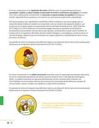 28 Capítulo II | El modelo de competencias parentales
El tercer componente es la regulación del estrés, definida como la capacidad parental para
acompañar, modular y calmar estados emocionales de estrés y sufrimiento psicológico en el bebé,
niño, niña o adolescente, favoreciendo su transición a nuevos estados de equilibro fisiológico y
mental, seguridad física y psíquica, y reconexión con procesos de exploración y aprendizaje.
Uno de los aportes más significativos de Bolwby (1969) se relaciona con que el apego que se
desarrolla desde el bebé al cuidador se comprende como un sistema de regulación diádica. Las
conductas de cuidado regulan la organización afectiva del bebé (Eisenberg et al., 2005; Feldman,
2012; Raby et al., 2015) dado que la función del apego consiste en equilibrar los desórdenes
homeostáticos provenientes de este último (por ejemplo, al alimentarlo cuando siente hambre). En
consecuencia, la regulación del estrés alcanza niveles biológicos y psicológicos cuando se da en un
vínculo de apego, desde el cual se constituyen los mapas cognitivos y representativos del sí mismo,
los otros y el entorno.
Un ejemplo de cómo se traspasó esta definición teórica a la redacción de los ítems de la escala puede
observarse en el siguiente reactivo (tomado de la E2P de 3-5 años):
El cuarto componente es la calidez emocional, entendida como la capacidad parental para demostrar
en forma consistente expresiones de afecto y buenos tratos al niño o niña (Barudy & Dantagnan,
2005). La calidez emocional se relaciona directamente con los contextos bien tratantes, así
como también con la envoltura afectiva de la interacción, propiciada desde diferentes canales de
comunicación: cuerpo, mirada y voz, desde los cuales toman sustancia.
Un ejemplo de cómo se traspasó esta definición teórica a la redacción de los ítems de la escala puede
observarse en el siguiente reactivo (tomado de la E2P de 3-5 años):
Cuando mi hijo/a tiene pesadillas, hago cosas que
lo/la tranquilizan (ej., le permito dormir conmigo, le
cuento una historia que le gusta, etc.)
Le demuestro a mi hijo/a que es una persona valiosa
en mi vida (ej., le digo lo feliz que me hace, le digo lo
que aprecio de él/ella, etc.)
 