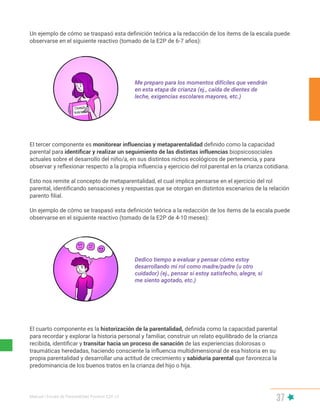 Manual | Escala de Parentalidad Positiva E2P. v2
37
El tercer componente es monitorear influencias y metaparentalidad definido como la capacidad
parental para identificar y realizar un seguimiento de las distintas influencias biopsicosociales
actuales sobre el desarrollo del niño/a, en sus distintos nichos ecológicos de pertenencia, y para
observar y reflexionar respecto a la propia influencia y ejercicio del rol parental en la crianza cotidiana.
Esto nos remite al concepto de metaparentalidad, el cual implica pensarse en el ejercicio del rol
parental, identificando sensaciones y respuestas que se otorgan en distintos escenarios de la relación
parento filial.
Un ejemplo de cómo se traspasó esta definición teórica a la redacción de los ítems de la escala puede
observarse en el siguiente reactivo (tomado de la E2P de 4-10 meses):
El cuarto componente es la historización de la parentalidad, definida como la capacidad parental
para recordar y explorar la historia personal y familiar, construir un relato equilibrado de la crianza
recibida, identificar y transitar hacia un proceso de sanación de las experiencias dolorosas o
traumáticas heredadas, haciendo consciente la influencia multidimensional de esa historia en su
propia parentalidad y desarrollar una actitud de crecimiento y sabiduría parental que favorezca la
predominancia de los buenos tratos en la crianza del hijo o hija.
Me preparo para los momentos difíciles que vendrán
en esta etapa de crianza (ej., caída de dientes de
leche, exigencias escolares mayores, etc.)
Dedico tiempo a evaluar y pensar cómo estoy
desarrollando mi rol como madre/padre (u otro
cuidador) (ej., pensar si estoy satisfecho, alegre, si
me siento agotado, etc.)
Un ejemplo de cómo se traspasó esta definición teórica a la redacción de los ítems de la escala puede
observarse en el siguiente reactivo (tomado de la E2P de 6-7 años):
 