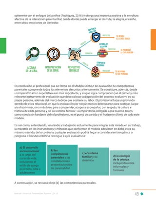 Manual | Escala de Parentalidad Positiva E2P. v2
45
coherente con el enfoque de la niñez (Rodríguez, 2016) y otorga una impronta positiva a la envoltura
afectiva de la interacción parento-filial, desde donde puede emerger el disfrute, la alegría, el cariño,
entre otras emociones de bienestar.
a) El desarrollo
socioemocional
a lo largo del
curso de vida,
incluyendo el
estilo de apego
en el niño, niña o
adolescente
b) las
competencias
parentales y las
constelaciones
presentacionales
de parentalidad
c) el sistema
familiar y su
dinámica
d) la ecología
de la crianza,
incluyendo redes
informales y
formales.
En conclusión, el profesional que se forma en el Modelo ODISEA de evaluación de competencias
parentales comprende todos los elementos descritos anteriormente. Se constituye, además, desde
un imperativo ético superlativo aún más importante, y es que logra comprender que el primer y más
relevante instrumento de evaluación que debe colocar a disposición del proceso evaluativo es su
propia persona, además del marco teórico que sostiene su labor. El profesional forja un profundo
sentido de ética relacional, en que la evaluación por ningún motivo debe usarse para castigar, juzgar
y/o discriminar, sino más bien, para comprender, acoger y acompañar, con respeto, la cultura e
historia de cada persona y de su sistema familiar. La importancia otorgada a los Buenos Tratos,
como condición fundante del rol profesional, es el punto de partida y el horizonte último de todo este
modelo.
Es así como, entendiendo, valorando y trabajando arduamente para integrar esta mirada en su trabajo,
la maestría en los instrumentos y métodos que conforman el modelo adquieren en dicha ética su
máximo sentido, de lo contrario, cualquier evaluación podría llegar a considerarse iatrogénica o
peligrosa. El modelo ODISEA distingue 4 ejes evaluativos:
A continuación, se revisará el eje (b) las competencias parentales.
 