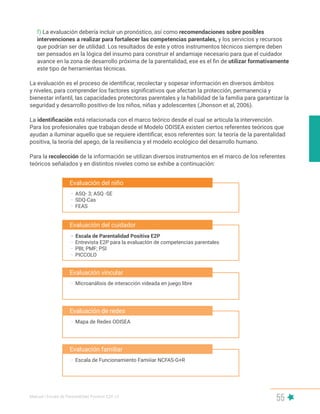 Manual | Escala de Parentalidad Positiva E2P. v2
55
f) La evaluación debería incluir un pronóstico, así como recomendaciones sobre posibles
intervenciones a realizar para fortalecer las competencias parentales, y los servicios y recursos
que podrían ser de utilidad. Los resultados de este y otros instrumentos técnicos siempre deben
ser pensados en la lógica del insumo para construir el andamiaje necesario para que el cuidador
avance en la zona de desarrollo próxima de la parentalidad, ese es el fin de utilizar formativamente
este tipo de herramientas técnicas.
La evaluación es el proceso de identificar, recolectar y sopesar información en diversos ámbitos
y niveles, para comprender los factores significativos que afectan la protección, permanencia y
bienestar infantil, las capacidades protectoras parentales y la habilidad de la familia para garantizar la
seguridad y desarrollo positivo de los niños, niñas y adolescentes (Jhonson et al, 2006).
La identificación está relacionada con el marco teórico desde el cual se articula la intervención.
Para los profesionales que trabajan desde el Modelo ODISEA existen ciertos referentes teóricos que
ayudan a iluminar aquello que se requiere identificar, esos referentes son: la teoría de la parentalidad
positiva, la teoría del apego, de la resiliencia y el modelo ecológico del desarrollo humano.
Para la recolección de la información se utilizan diversos instrumentos en el marco de los referentes
teóricos señalados y en distintos niveles como se exhibe a continuación:
· ASQ- 3; ASQ -SE
· SDQ-Cas
· FEAS
Evaluación del niño
· Escala de Parentalidad Positiva E2P
· Entrevista E2P para la evaluacIón de competencias parentales
· PBI; PMF; PSI
· PICCOLO
Evaluación del cuidador
· Microanálisis de interacción videada en juego libre
Evaluación vincular
· Mapa de Redes ODISEA
Evaluación de redes
· Escala de Funcionamiento Famiiiar NCFAS-G+R
Evaluación familiar
 
