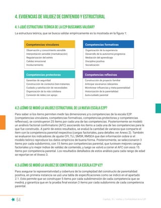 64 Capítulo IV | Validez y Confiabilidad de la E2P
4. Evidencias de validez de contenido y estructural
La estructura teórica, que se busca validar empíricamente es la mostrada en la figura 1:
Para saber si los ítems permiten medir las dimensiones y/o competencias de la escala E2P
(competencias vinculares, competencias formativas, competencias protectoras y competencias
reflexivas), se construyeron 25 ítems por cada una de las competencias. Posteriormente se modeló
un análisis factorial confirmatorio (AFC) asociando los ítems a cada una de las competencias para la
que fue construido. A partir de estos resultados, se evaluó la cantidad de varianza que comparte el
ítem con la competencia parental respectiva (cargas factoriales, para detalles ver Anexo 2). También
se evaluaron los indicadores de ajuste CFI, TLI, SMSR, RMSEA que dan información sobre si el
modelo teórico reproduce los datos empíricos de buena forma. Posteriormente, se seleccionaron 3
ítems por cada subdominio, con 15 ítems por competencias parental, que tuviesen mejores cargas
factoriales y/o mejor índice de validez de contenido, y luego se volvió a correr el AFC con esos 15
ítems por competencia parental. Los resultados detallados de estos análisis para cada rango de edad
se reportan en el Anexo 3.
Para asegurar la representatividad y cobertura de la complejidad del constructo de parentalidad
positiva, en primera instancia se usó una tabla de especificaciones como se indicó en el apartado
2.1. Esto permite que se construyan 5 ítems por cada subdimensión de cada competencia que se
medirá, y garantiza que en la prueba final existan 3 ítems por cada subdominio de cada competencia
parental.
4.1 ¿Qué estructura teórica de la E2P buscamos validar?
4.2 ¿Cómo se midió la validez estructural de la nueva escala E2P?
4.3 ¿Cómo se midió la validez de contenido de la escala E2P v2?
Observación y conocimiento sensible
Interpretación sensible (mentalización)
Regularización del estrés
Calidez emocional
Involucramiento
Garantías de seguridad
Construcción de contextos bien-tratantes
Cuidado y satisfacción de necesidades
Organización de la vida cotidiana
Conexión de redes con apoyo
Construcción de proyecto familiar
Anticipar escenarios relevantes
Monitorear influencias y meta-parentalidad
Historización de la parentalidad
Auto-cuidado parental
Competencias vinculares
Competencias protectoras Competencias reflexivas
Organización de la experiencia
Desarrollo de la autonomía progresiva
Mediación del aprendizaje
Disciplina positiva
Socialización
Competencias formativas
 
