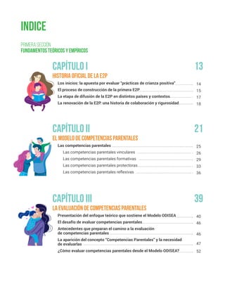indice
Historia oficial de la E2P
Los inicios: la apuesta por evaluar “prácticas de crianza positiva”
El proceso de construcción de la primera E2P
La etapa de difusión de la E2P en distintos países y contextos
La renovación de la E2P: una historia de colaboración y rigurosidad
El modelo de competencias parentales
Las competencias parentales
Las competencias parentales vinculares
Las competencias parentales formativas
Las competencias parentales protectoras
Las competencias parentales reflexivas
La evaluación de competencias parentales
Presentación del enfoque teórico que sostiene el Modelo ODISEA
El desafío de evaluar competencias parentales
Antecedentes que preparan el camino a la evaluación
de competencias parentales
La aparición del concepto “Competencias Parentales” y la necesidad
de evaluarlas
¿Cómo evaluar competencias parentales desde el Modelo ODISEA?
14
15
17
18
25
26
29
33
36
40
46
46
47
52
Primera sección
Fundamentos teóricos y empíricos
Capítulo i 13
21
39
Capítulo iI
Capítulo iII
 