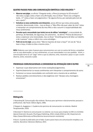 15
QUATRO PASSOS PARA UMA COMUNICAÇÃO EMPÁTICA E NÃO-VIOLENTA (4)
• Observar sem julgar, se afirmo “Chegaste tarde, o filme já começou há 20 minutos!”
não estou a julgar, estou a fazer uma afirmação, mas se disser “Outra vez a chegares
tarde…!!!” estou a fazer um julgamento e “de alguma forma, por exemplo pelo tom de
voz, a punir”.
• Verbalizar os meus sentimentos sem interpretar, posso afirmar que estou preocupada,
contente, dececionada, triste… mas se disser, o “Meu filho não quer saber de mim” estou
a interpretar um comportamento do meu filho e não a assumir a responsabilidade dos
meus sentimentos.
• Perceber qual a necessidade (que tenho) em vez de utilizar “estratégias”, a necessidade de
pertença, de liberdade, de segurança, de autonomia… Se afirmo “Preciso de descansar”
estou a expressar uma necessidade, mas se disser “Amanhã gostaria de faltar ao trabalho
e de ir passear” estou a referir-me a uma estratégia…
• Pedir em vez de exigir, posso dizer “Não te importas de lavar a loiça?” em vez de “Vai já
lavar a loiça, é todos os dias a mesma coisa…”
NOTA: Podemos usar estes 4 passos para comunicarmos uns com os outros de forma a empatizar
com as suas observações, os seus sentimentos, as suas necessidades e os seus pedidos. Assim, a
comunicação torna-se um “jogo” entre o que eu observo, sinto, necessito e peço e o que o outro
observa, sente, necessita e pede.
PREMISSAS COMUNICACIONAIS A CONSIDERAR NA INTERAÇÃO COM O OUTRO
• Expressar o que observamos sem incluir avaliações/julgamentos.
• Exprimir/exteriorizar os nossos sentimentos sem interpretar o comportamento do outro.
• Esclarecer as nossas necessidades sem confundir com a maneira de as satisfazer.
• Realizar pedidos concretos/claros e não exigências nem “desejos e/ou chantagens
emocionais”.
Bibliografia
1 Rosenberg M. Comunicação não-violenta: Técnicas para aprimorar relacionamentos pessoais e
profissionais. São Paulo: Editora Ágora; 2006.
2 Stappen A, Augagneur J. Cuaderno de ejercicios de comunicación no violenta. Madrid:
Terapiasverdes; 2010.
3 Bronckart V. Domina la comunicación no violenta: Los trucos para emplear la CNV en el âmbito
laboral [Internet]. Brussels: Plurilingua Publishing; 2018. [citado 2018 nov 30]. Disponível em:
https://www.50minutos.es/libro/domina-lacomunicacion-noviolenta/
4 Rust S. Cuando la jirafa baila com el lobo: Cuatro pasos hacia una comunicación empática y no
violenta. Barcelona: Ediciones Obelisco; 2015.
 