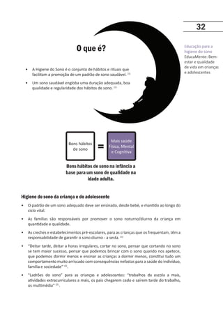 Educação para a
higiene do sono
EducaMente: Bem-
estar e qualidade
de vida em crianças
e adolescentes
32
Higiene do sono da criança e do adolescente
• O padrão de um sono adequado deve ser ensinado, desde bebé, e mantido ao longo do
ciclo vital.
• As famílias são responsáveis por promover o sono noturno/diurno da criança em
quantidade e qualidade.
• As creches e estabelecimentos pré-escolares, para as crianças que os frequentam, têm a
responsabilidade de garantir o sono diurno - a sesta. (1)
• “Deitar tarde, deitar a horas irregulares, cortar no sono, pensar que cortando no sono
se tem maior sucesso, pensar que podemos brincar com o sono quando nos apetece,
que podemos dormir menos e ensinar as crianças a dormir menos, constitui tudo um
comportamento muito arriscado com consequências nefastas para a saúde do indivíduo,
família e sociedade” (2)
.
• Ladrões do sono” para as crianças e adolescentes: “trabalhos da escola a mais,
atividades extracurriculares a mais, os pais chegarem cedo e saírem tarde do trabalho,
os multimédia” (2)
.
Bons hábitos
de sono
Mais saúde
Física, Mental
e Cognitiva
=
Bons hábitos de sono na infância a
base para um sono de qualidade na
idade adulta.
• A Higiene do Sono é o conjunto de hábitos e rituais que
facilitam a promoção de um padrão de sono saudável. (1)
• Um sono saudável engloba uma duração adequada, boa
qualidade e regularidade dos hábitos de sono. (1)
O que é?
 
