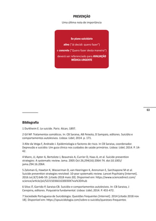 63
PREVENÇÃO
Uma última nota de importância
Bibliografia
1 Durkheim E. Le suicide. Paris: Alcan; 1897.
2 Gil NP. Tratamentos somáticos. In: CB Saraiva, AB Peixoto, D Sampaio, editores. Suicídio e
comportamentos autolesivos. Lisboa: Lidel; 2014. p. 171.
3 Alte da Veiga F, Andrade J. Epidemiologia e factores de risco. In CB Saraiva, coordenador.
Depressão e suicídio: Um guia clínico nos cuidados de saúde primários. Lisboa: Lidel; 2014. P. 14-
42.
4 Mann, JJ, Apter A, Bertolote J, Beautrais A, Currier D, Haas A, et al. Suicide prevention
strategies: A systematic review. Jama. 2005 Oct 26;294(16):2064-74. doi:10.1001/
jama.294.16.2064.
5 Zalsman G, Hawton K, Wasserman D, van Heeringen K, Arensman E, Sarchiapone M et al.
Suicide prevention strategies revisited: 10-year systematic review. Lancet Psychiatry [Internet].
2016 Jul;3(7):646-59. [citado 2018 maio 20]. Disponível em: https://www.sciencedirect.com/
science/article/pii/S221503661630030X?via%3Dihub
6 Silva JT, Garrido P, Saraiva CB. Suicídio e comportamentos autolesivos. In: CB Saraiva, J
Cerejeira, editores. Psiquiatria fundamental. Lisboa: Lidel; 2014. P. 455-472.
7 Sociedade Portuguesa de Suicidologia. Questões frequentes [Internet]. 2014 [citado 2018 nov
18]. Disponível em: https://spsuicidologia.com/sobre-o-suicidio/questoes-frequentes
Se plano suicidário
ativo (Já decidi: quero fazer)
e concreto (Quero fazer desta maneira)
deverá ser referenciado para AVALIAÇÃO
MÉDICA URGENTE
 