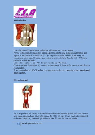 63 www.ingsanantonio.com
Abdominales
Los músculos abdominales se estimulan utilizando los cuatro canales.
Por su comodidad, le sugerimos que aplique los canales que disponen del mando que
regula la intensidad a la izquierda (C1 y C2) para estimular el lado izquierdo y los
canales que disponen del mando que regula la intensidad a la derecha (C3 y C4) para
estimular el lado derecho.
Utilice dos electrodos de 100 x 50 mm y cuatro de 50x50mm.
Conecte primero los cables, tal y como se muestra en la ilustración, antes de aplicárselos
en el cuerpo.
A los electrodos de 100x50, deben de conectarse cables con conectores de conexión del
mismo color.
Biceps braquial
En la mayoría de los casos, la estimulación del biceps braquial puede realizase con un
sólo canal, aplicando un electrodo grande de 100 x 50 mm. Como electrodo indiferente
en la zona superior y otro más pequeño de 50 x 50 mm. En la zona medial.
 