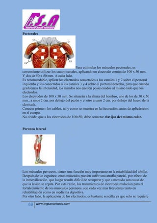 69 www.ingsanantonio.com
Pectorales
Para estimular los músculos pectorales, es
conveniente utilizar los cuatro canales, aplicando un electrodo común de 100 x 50 mm.
Y dos de 50 x 50 mm. A cada lado.
Es recomendable, aplicar los electrodos conectados a los canales 1 y 2 sobre el pectoral
izquierdo y los conectados a los canales 3 y 4 sobre el pectoral derecho, para que cuando
graduemos la intensidad, los mandos nos queden posicionados al mismo lado que los
electrodos.
Los electrodos de 100 x 50 mm. Se situarán a la altura del hombro, uno de los de 50 x 50
mm., a unos 2 cm. por debajo del pezón y el otro a unos 2 cm. por debajo del hueso de la
clavícula.
Conecte primero los cables, tal y como se muestra en la ilustración, antes de aplicárselos
en el cuerpo.
No olvide, que a los electrodos de 100x50, debe conectar clavijas del mismo color.
Peroneo lateral
Los músculos peroneos, tienen una función muy importante en la estabilidad del tobillo.
Después de un esguince, estos músculos pueden sufrir una atrofia parcial, por efecto de
la inmovilización, que luego resulta difícil de recuperar y que a menudo son causa de
que la lesión se repita. Por esta razón, los tratamientos de electroestimulación para el
fortalecimiento de los músculos peroneos, son cada vez más frecuentes tanto en
rehabilitación como en medicina deportiva.
Por otro lado, la aplicación de los electrodos, es bastante sencilla ya que solo se requiere
 