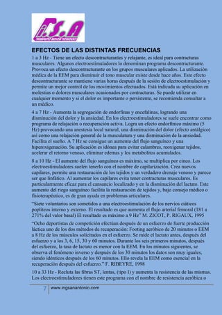 7 www.ingsanantonio.com
EFECTOS DE LAS DISTINTAS FRECUENCIAS
1 a 3 Hz - Tiene un efecto descontracturantes y relajante, es ideal para contracturas
musculares. Algunos electroestimuladores lo denominan programa descontracturante.
Provoca un efecto descontracturante en los grupos musculares aplicados. La utilización
médica de la EEM para disminuir el tono muscular existe desde hace años. Este efecto
descontracturante se mantiene varias horas después de la sesión de electroestimulación y
permite un mejor control de los movimientos efectuados. Está indicada su aplicación en
molestias o dolores musculares ocasionados por contracturas. Se puede utilizar en
cualquier momento y si el dolor es importante o persistente, se recomienda consultar a
un médico.
4 a 7 Hz - Aumenta la segregación de endorfinas y encefalinas, logrando una
disminución del dolor y la ansiedad. En los electroestimuladores se suele encontrar como
programa de relajación o recuperación activa. Logra un efecto endorfínico máximo (5
Hz) provocando una anestesia local natural, una disminución del dolor (efecto antálgico)
así como una relajación general de la musculatura y una disminución de la ansiedad.
Facilita el sueño. A 7 Hz se consigue un aumento del flujo sanguíneo y una
hiperoxigenación. Su aplicación es idónea para evitar calambres, reoxigenar tejidos,
acelerar el retorno venoso, eliminar edemas y los metabolitos acumulados.
8 a 10 Hz - El aumento del flujo sanguíneo es máximo, se multiplica por cinco. Los
electroestimuladores suelen tenerlo con el nombre de capilarización. Crea nuevos
capilares, permite una restauración de los tejidos y un verdadero drenaje venoso y parece
ser que linfático. Al aumentar los capilares evita tener contracturas musculares. Es
particularmente eficaz para el cansancio localizado y en la disminución del lactato. Este
aumento del riego sanguíneo facilita la restauración de tejidos y, bajo consejo médico o
fisioterapéutico, es de gran ayuda en problemas articulares.
“Siete voluntarios son sometidos a una electroestimulación de los nervios ciáticos
popliteos interno y externo. El resultado es que aumenta el flujo arterial femoral (181 a
271% del valor basal) El resultado es máximo a 9 Hz” M. ZICOT, P. RIGAUX, 1995
“Ocho deportistas de competición efectúan después de un esfuerzo de fuerte producción
láctica uno de los dos métodos de recuperación: Footing aeróbico de 20 minutos o EEM
a 8 Hz de los músculos solicitados en el esfuerzo. Se mide el lactato antes, después del
esfuerzo y a los 3, 6, 15, 30 y 60 minutos. Durante los seis primeros minutos, después
del esfuerzo, la tasa de lactato es menor con la EEM. En los minutos siguientes, se
observa el fenómeno inverso y después de los 30 minutos los datos son muy iguales,
siendo idénticos después de los 60 minutos. Ello revela la EEM como esencial en la
recuperación después del esfuerzo.” F. RIBEYRE, 1998
10 a 33 Hz - Recluta las fibras ST, lentas, (tipo I) y aumenta la resistencia de las mismas.
Los electroestimuladores tienen este programa con el nombre de resistencia aeróbica o
 