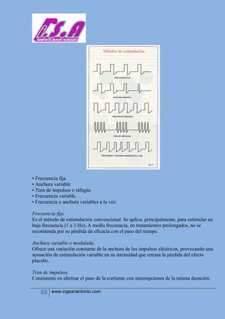 88 www.ingsanantonio.com
• Frecuencia fija.
• Anchura variable
• Tren de impulsos o ráfagas.
• Frecuencia variable.
• Frecuencia y anchura variables a la vez.
Frecuencia fija.
Es el método de estimulación convencional. Se aplica, principalmente, para estimular en
baja frecuencia (1 a 3 Hz). A media frecuencia, en tratamientos prolongados, no se
recomienda por su pérdida de eficacia con el paso del tiempo.
Anchura variable o modulada.
Ofrece una variación constante de la anchura de los impulsos eléctricos, provocando una
sensación de estimulación variable en su intensidad que retrasa la pérdida del efecto
placebo.
Tren de impulsos.
Consistente en alternar el paso de la corriente con interrupciones de la misma duración.
 