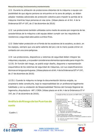 Página 31
Manualdemontaje,funcionamientoymantenimiento
12.51 Durante la utilización de protecciones distantes de la máquina o equipo con
posibilidad de que alguna persona se encuentre en la zona de peligro, se deben
adoptar medidas adicionales de protección colectiva para impedir la partida de la
máquina mientras haya personas en esa zona. (Véase plazos en el Art. 4 de la
Ordenanza SIT nº 197, de 17 de diciembre de 2010)
12.52 Las protecciones también utilizadas como medio de acceso por exigencia de las
características de la máquina o del equipo deben cumplir con los requisitos de
resistencia y seguridad adecuados a ambos fines.
12.53 Debe haber protección en el fondo de los escalones de la escalera, es decir, en
los espejos, siempre que una parte saliente del pie o de la mano pueda entrar en
contacto con una zona peligrosa.
12.54 Las protecciones, dispositivos y sistemas de seguridad deben integrar las
máquinas y equipos, y no pueden considerarse elementos opcionales para ningún fin.
12.55. En función del riesgo, se podrá exigir diseño, diagrama o representación
esquemática de los sistemas de seguridad de máquinas, con sus especificaciones
técnicas en lengua portuguesa. (Véase plazos en el Art. 4 de la Ordenanza SIT nº 197,
de 17 de diciembre de 2010)
12.55.1 Cuando la máquina no tenga la documentación técnica exigida, su
propietario debe constituirla, bajo la responsabilidad de un profesional legalmente
habilitado y con su anotación de Responsabilidad Técnica del Consejo Regional de
Ingeniería y Arquitectura - ART / CREA. (Véase plazos en el Art. 4 de la Ordenanza SIT nº
197, de 17 de diciembre de 2010).
Análisis de Riesgo de las Puertas de
suelo
Cuadro 1
 