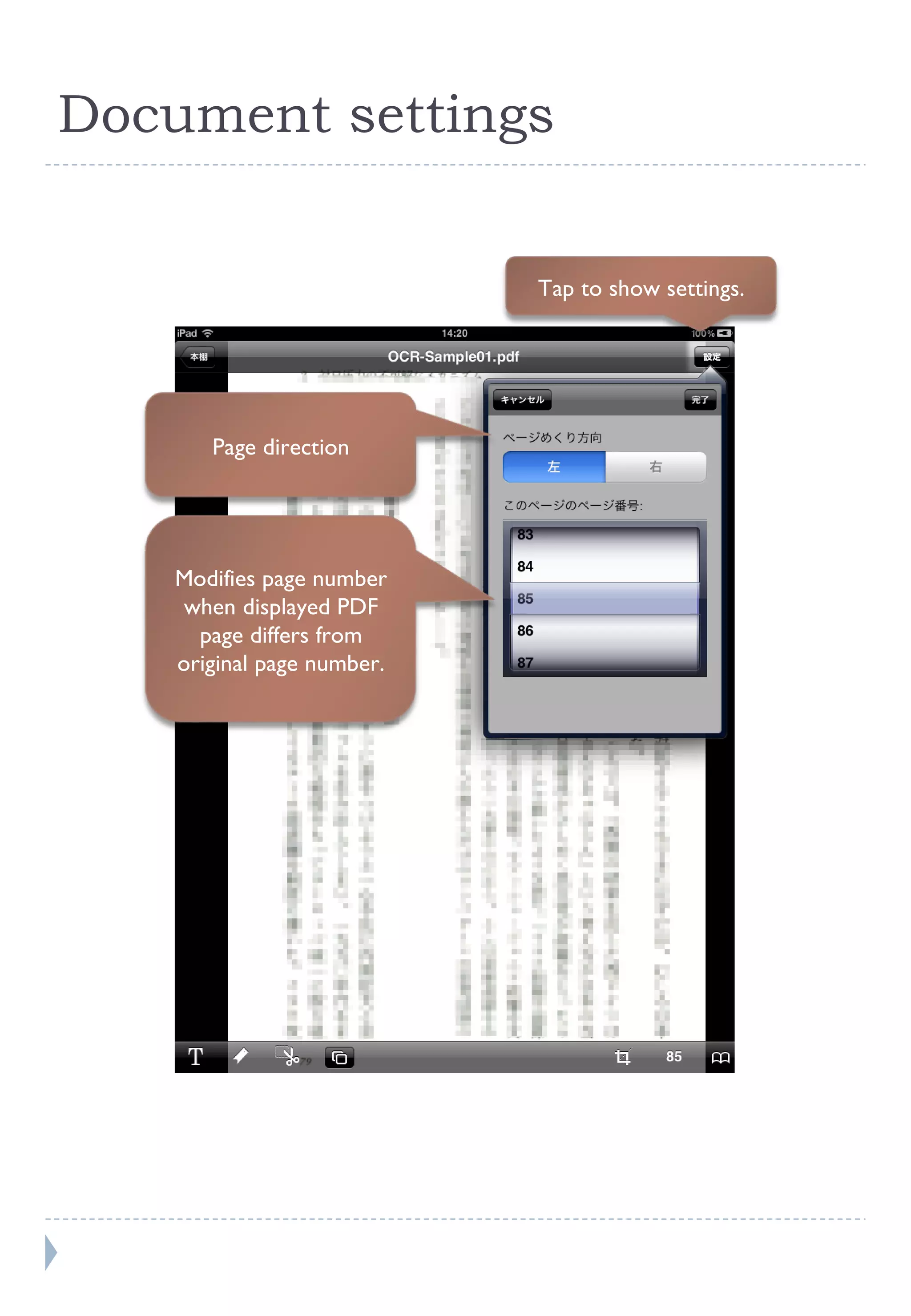 Document settings Page direction Tap to show settings. Modifies page number when displayed PDF page differs from original page number. 