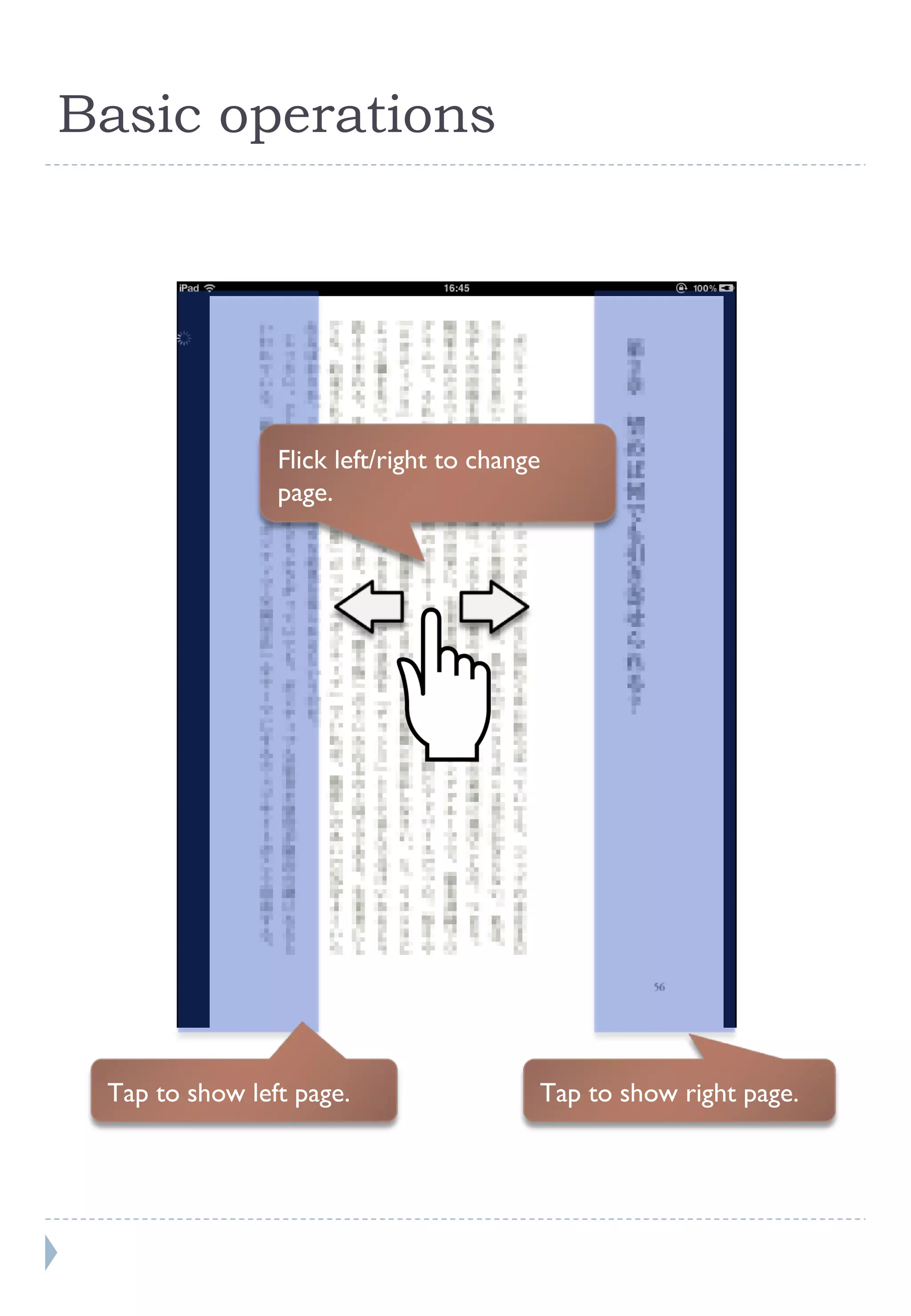 Basic operations Tap to show right page. Tap to show left page. Flick left/right to change page. 