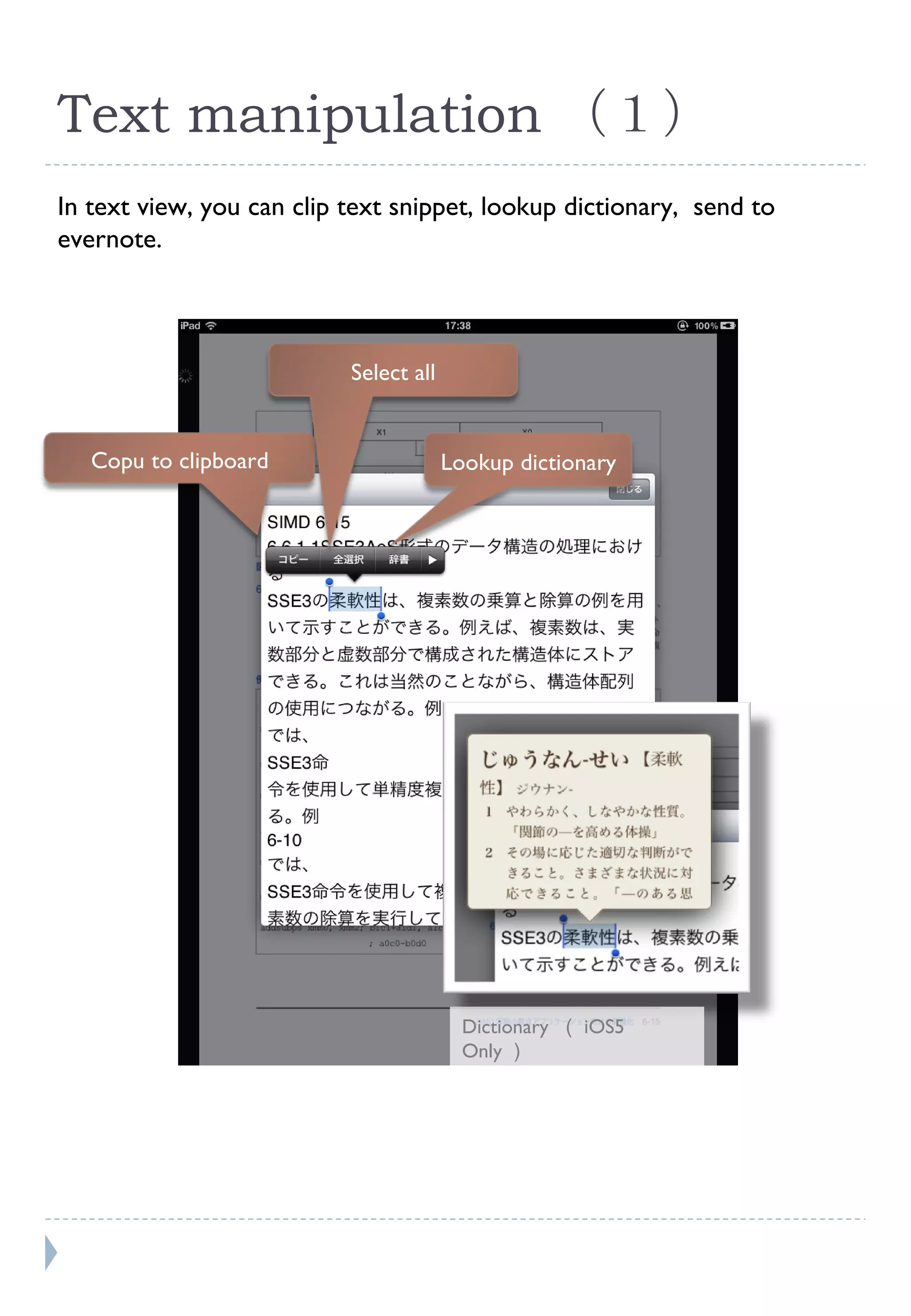 Text manipulation （１） Dictionary  （ iOS5 Only ） In text view, you can clip text snippet, lookup dictionary,  send to evernote. Lookup dictionary Copu to clipboard Select all 