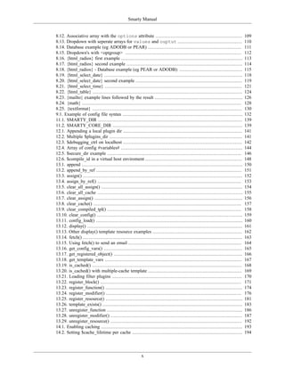 Smarty Manual


8.12. Associative array with the options attribute ..............................................................                   109
8.13. Dropdown with seperate arrays for values and ouptut ..............................................                            110
8.14. Database example (eg ADODB or PEAR) ...................................................................                       111
8.15. Dropdown's with <optgroup> ...................................................................................                112
8.16. {html_radios} first example .......................................................................................           113
8.17. {html_radios} second example ...................................................................................              114
8.18. {html_radios} - Database example (eg PEAR or ADODB): .............................................                            115
8.19. {html_select_date} ...................................................................................................        118
8.20. {html_select_date} second example ............................................................................                119
8.21. {html_select_time} ..................................................................................................         121
8.22. {html_table} ...........................................................................................................      124
8.23. {mailto} example lines followed by the result ...............................................................                 126
8.24. {math} ..................................................................................................................     128
8.25. {textformat} ...........................................................................................................      130
9.1. Example of config file syntax ......................................................................................           132
11.1. SMARTY_DIR .......................................................................................................            139
11.2. SMARTY_CORE_DIR .............................................................................................                 139
12.1. Appending a local plugin dir .....................................................................................            141
12.2. Multiple $plugins_dir ...............................................................................................         141
12.3. $debugging_ctrl on localhost .....................................................................................            142
12.4. Array of config #variables# .......................................................................................           144
12.5. $secure_dir example ................................................................................................          146
12.6. $compile_id in a virtual host enviroment .....................................................................                148
13.1. append ...................................................................................................................    150
13.2. append_by_ref ........................................................................................................        151
13.3. assign() ..................................................................................................................   152
13.4. assign_by_ref() .......................................................................................................       153
13.5. clear_all_assign() .....................................................................................................      154
13.6. clear_all_cache ........................................................................................................      155
13.7. clear_assign() ..........................................................................................................     156
13.8. clear_cache() ..........................................................................................................      157
13.9. clear_compiled_tpl() ................................................................................................         158
13.10. clear_config() ........................................................................................................      159
13.11. config_load() .........................................................................................................      160
13.12. display() ...............................................................................................................    161
13.13. Other display() template resource examples ................................................................                  162
13.14. fetch() ..................................................................................................................   163
13.15. Using fetch() to send an email .................................................................................             164
13.16. get_config_vars() ...................................................................................................        165
13.17. get_registered_object() ............................................................................................         166
13.18. get_template_vars ..................................................................................................         167
13.19. is_cached() ...........................................................................................................      168
13.20. is_cached() with multiple-cache template ...................................................................                 169
13.21. Loading filter plugins .............................................................................................         170
13.22. register_block() .....................................................................................................       171
13.23. register_function() ..................................................................................................       174
13.24. register_modifier() .................................................................................................        176
13.25. register_resource() ..................................................................................................       181
13.26. template_exists() ....................................................................................................       183
13.27. unregister_function .................................................................................................        186
13.28. unregister_modifier() ..............................................................................................         187
13.29. unregister_resource() ..............................................................................................         192
14.1. Enabling caching .....................................................................................................        193
14.2. Setting $cache_lifetime per cache ...............................................................................             194




                                                           x
 