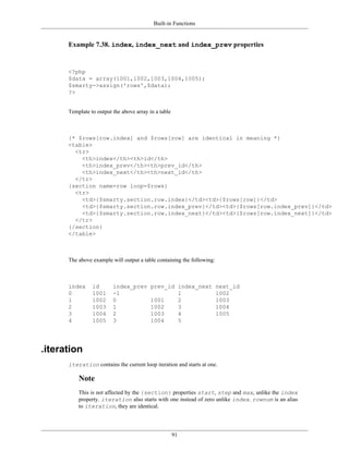 Built-in Functions


      Example 7.38. index, index_next and index_prev properties


      <?php
      $data = array(1001,1002,1003,1004,1005);
      $smarty->assign('rows',$data);
      ?>


      Template to output the above array in a table



      {* $rows[row.index] and $rows[row] are identical in meaning *}
      <table>
        <tr>
          <th>index</th><th>id</th>
          <th>index_prev</th><th>prev_id</th>
          <th>index_next</th><th>next_id</th>
        </tr>
      {section name=row loop=$rows}
        <tr>
          <td>{$smarty.section.row.index}</td><td>{$rows[row]}</td>
          <td>{$smarty.section.row.index_prev}</td><td>{$rows[row.index_prev]}</td>
          <td>{$smarty.section.row.index_next}</td><td>{$rows[row.index_next]}</td>
        </tr>
      {/section}
      </table>



      The above example will output a table containing the following:



      index     id       index_prev       prev_id index_next            next_id
      0         1001     -1                       1                     1002
      1         1002     0                1001    2                     1003
      2         1003     1                1002    3                     1004
      3         1004     2                1003    4                     1005
      4         1005     3                1004    5




.iteration
      iteration contains the current loop iteration and starts at one.

          Note
          This is not affected by the {section} properties start, step and max, unlike the index
          property. iteration also starts with one instead of zero unlike index. rownum is an alias
          to iteration, they are identical.




                                                      91
 
