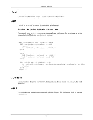 Built-in Functions



.first
         first is set to TRUE if the current {section} iteration is the initial one.


.last
         last is set to TRUE if the current section iteration is the final one.

         Example 7.40. {section} property first and last

         This example loops the $customers array, outputs a header block on the first iteration and on the last
         outputs the footer block. Also uses the total property.



         {section name=customer loop=$customers}
           {if $smarty.section.customer.first}
             <table>
             <tr><th>id</th><th>customer</th></tr>
           {/if}

            <tr>
              <td>{$customers[customer].id}}</td>
              <td>{$customers[customer].name}</td>
            </tr>

           {if $smarty.section.customer.last}
             <tr><td></td><td>{$smarty.section.customer.total} customers</td></tr>
             </table>
           {/if}
         {/section}




.rownum
         rownum contains the current loop iteration, starting with one. It is an alias to iteration, they work
         identically.


.loop
         loop contains the last index number that this {section} looped. This can be used inside or after the
         {section}.




                                                        93
 